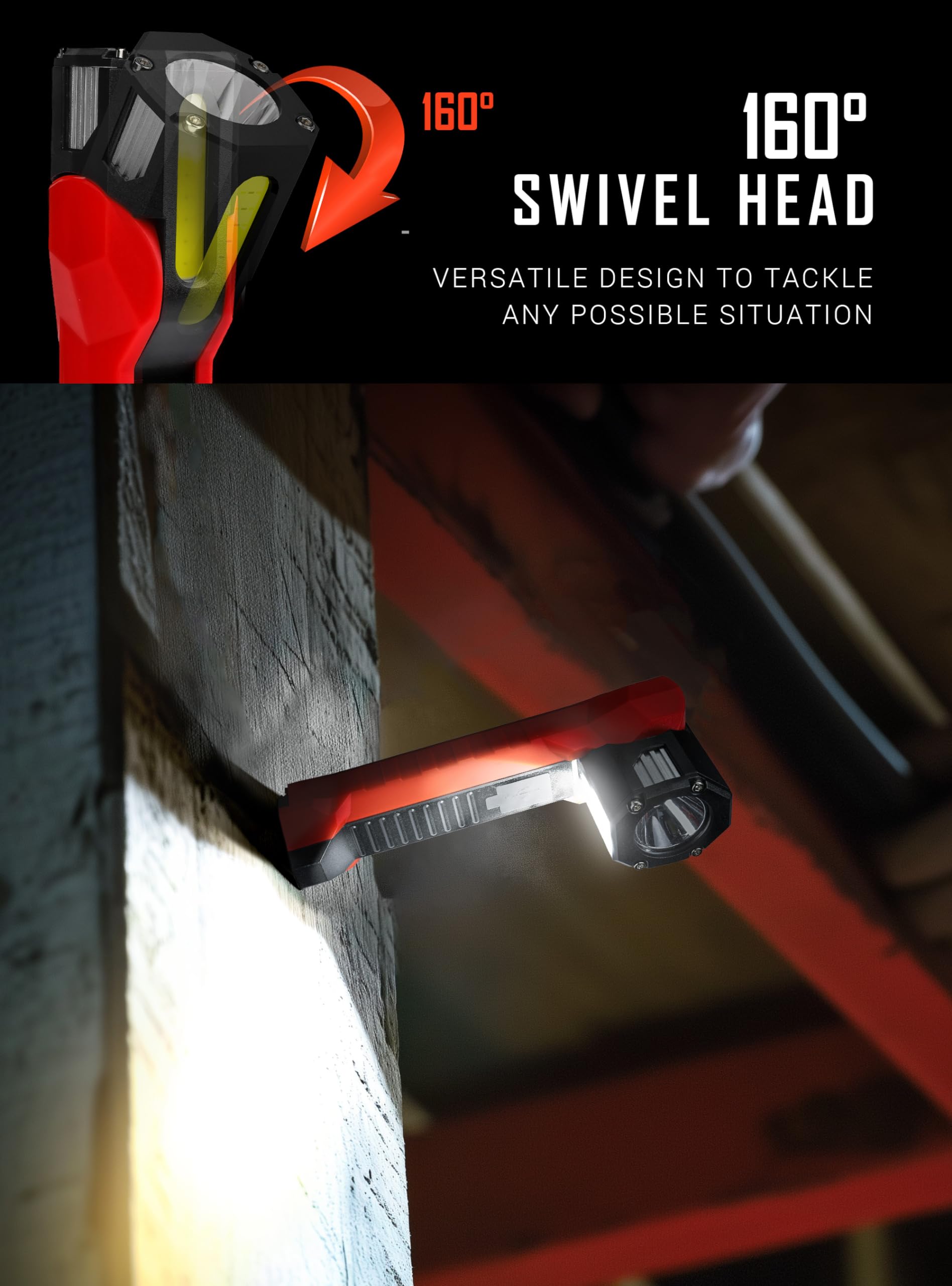 Anhay Rechargeable Work Light, 1200 Lumens Magnetic Work Light With 160° Rotating Swivel Head, Led Work Light, 6 Lighting Modes Mechanic Light For Car Repairing, Emergency