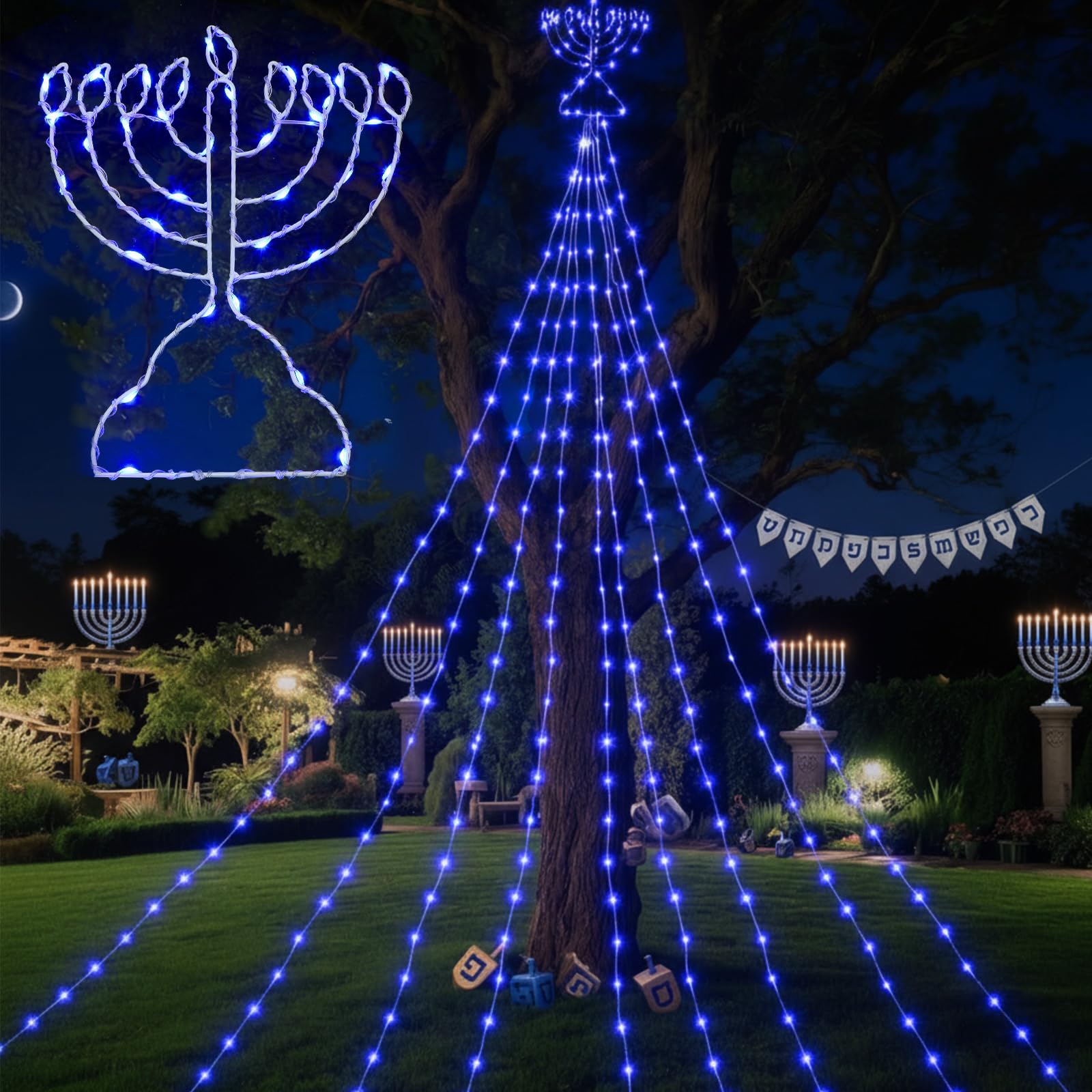 Glooglitter 11.5ft Hanukkah Menorah Lights Outdoor Decor Hanukkah Waterfall Lights Blue Menorah LED Extension Cord USB Powered f