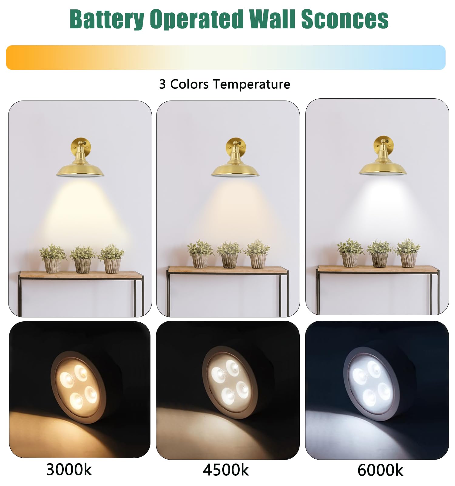 Lzwelcy Gold Vintage Wall Sconce Set of 2, Battery Powered, Dimmable LED, Wireless, Model 9008, Short Size