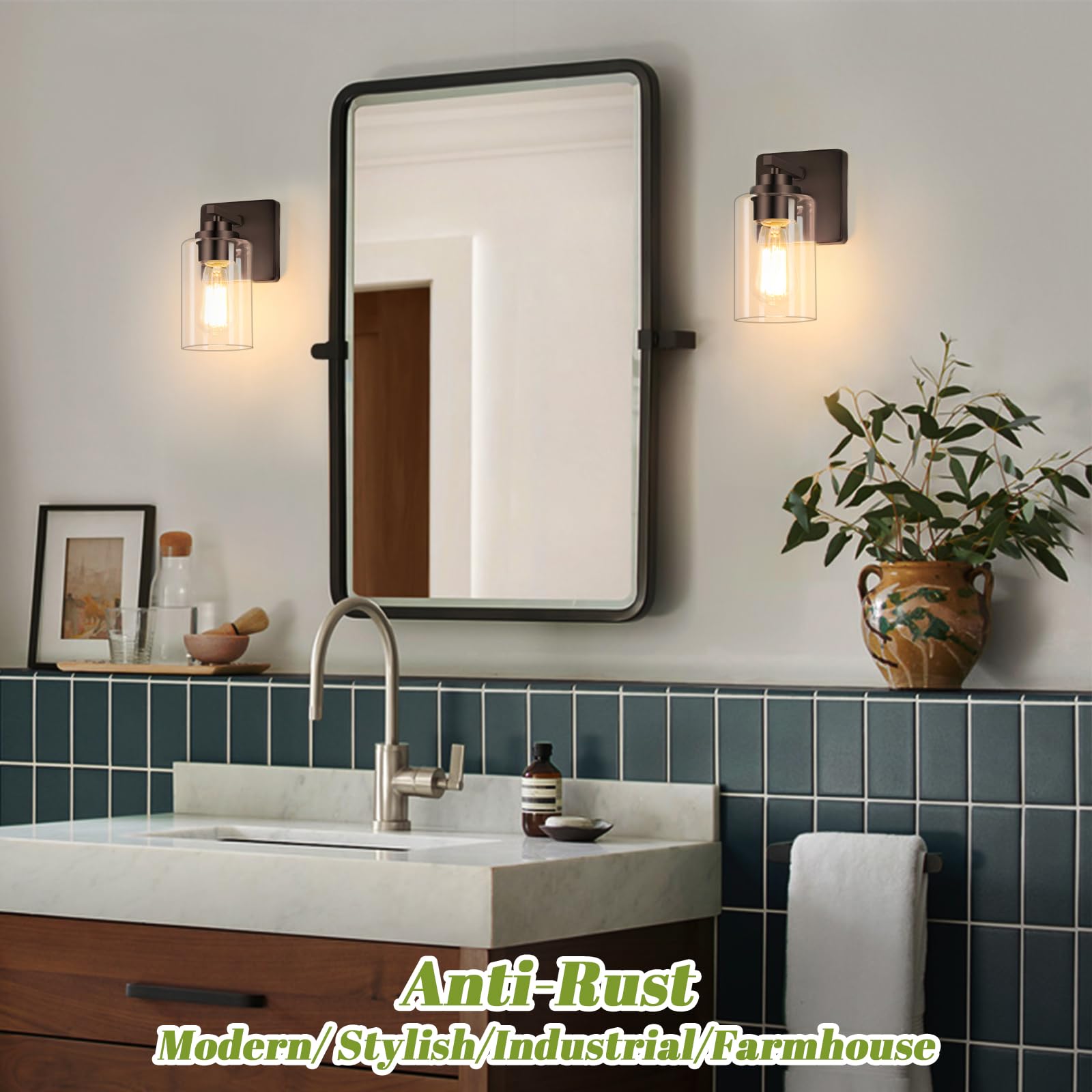 VerRon 2-Light Wall Sconces, Oil-Rubbed Bronze Modern Vanity Lighting, Clear Glass Shade, Farmhouse Style for Bathroom & Living Room