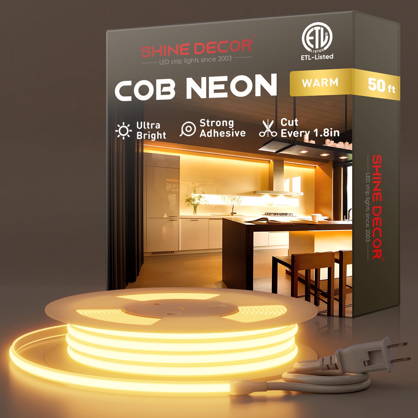 Shine Decor COB LED Rope Light AC 120V, 800lm Ultra Bright, IP65 Waterproof Cold-Resistant ETL Neon Strip, No Driver Tape Lighting for Home Commercial 10x4.5mm, 2800K Warm White, 50ft
