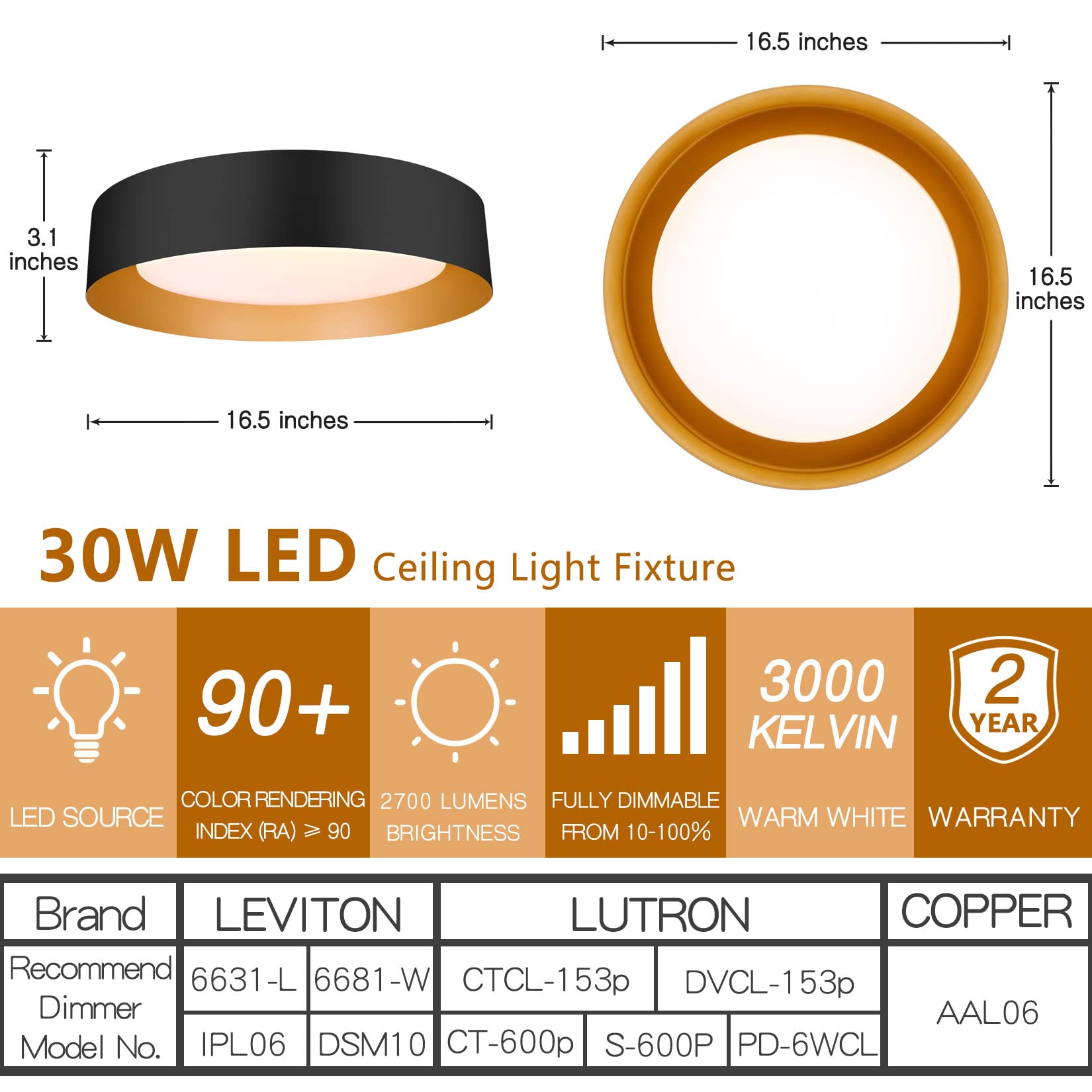 Bargeni 16.5 Inch Led Ceiling Light Fixture,Dimmable Flush Mount Ceiling Light Matte Black With Gold Inside,3000K/Warm White/30W