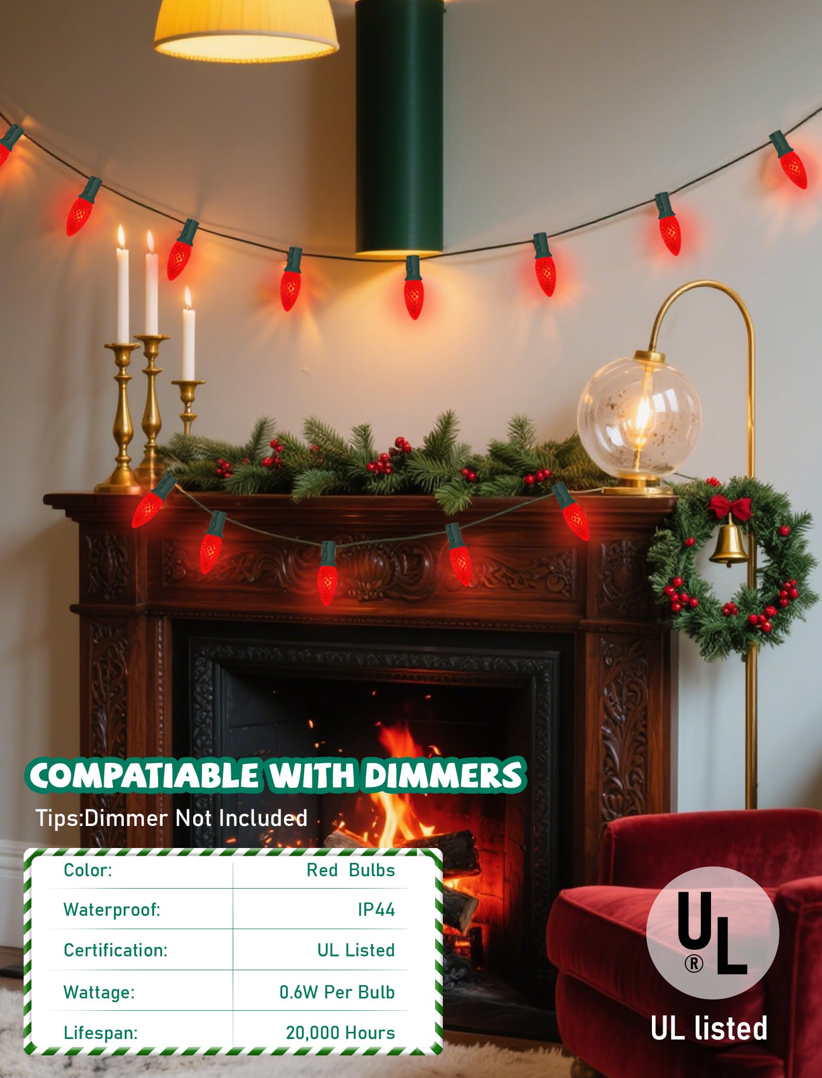 25 Pack Led C9 Red Replacement Christmas Light Bulbs  Commercial Grade Strawberry C9 Led Red Bulbs  Dimmable E17 Intermediate Base Bulbs For Outdoor Indoor Christmas String Lights Holiday Patio Decor
