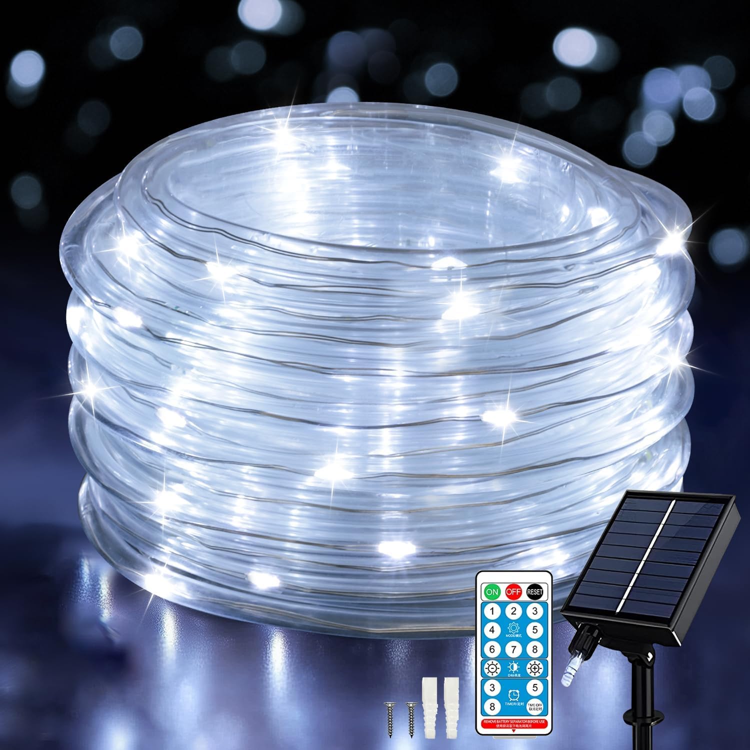 ANJAYLIA Solar Rope String Lights, 66FT, 200 LED, Cool White, Waterproof, 8 Modes & Timer Remote, for Outdoor & Holiday Décor