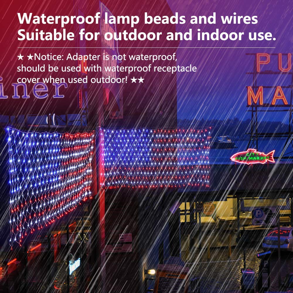 FUNIAO 420 LED American Flag Net Lights, Waterproof Patriotic Decor for 4th of July, Memorial Day, Red, White, Blue, Model YLS1000WD01