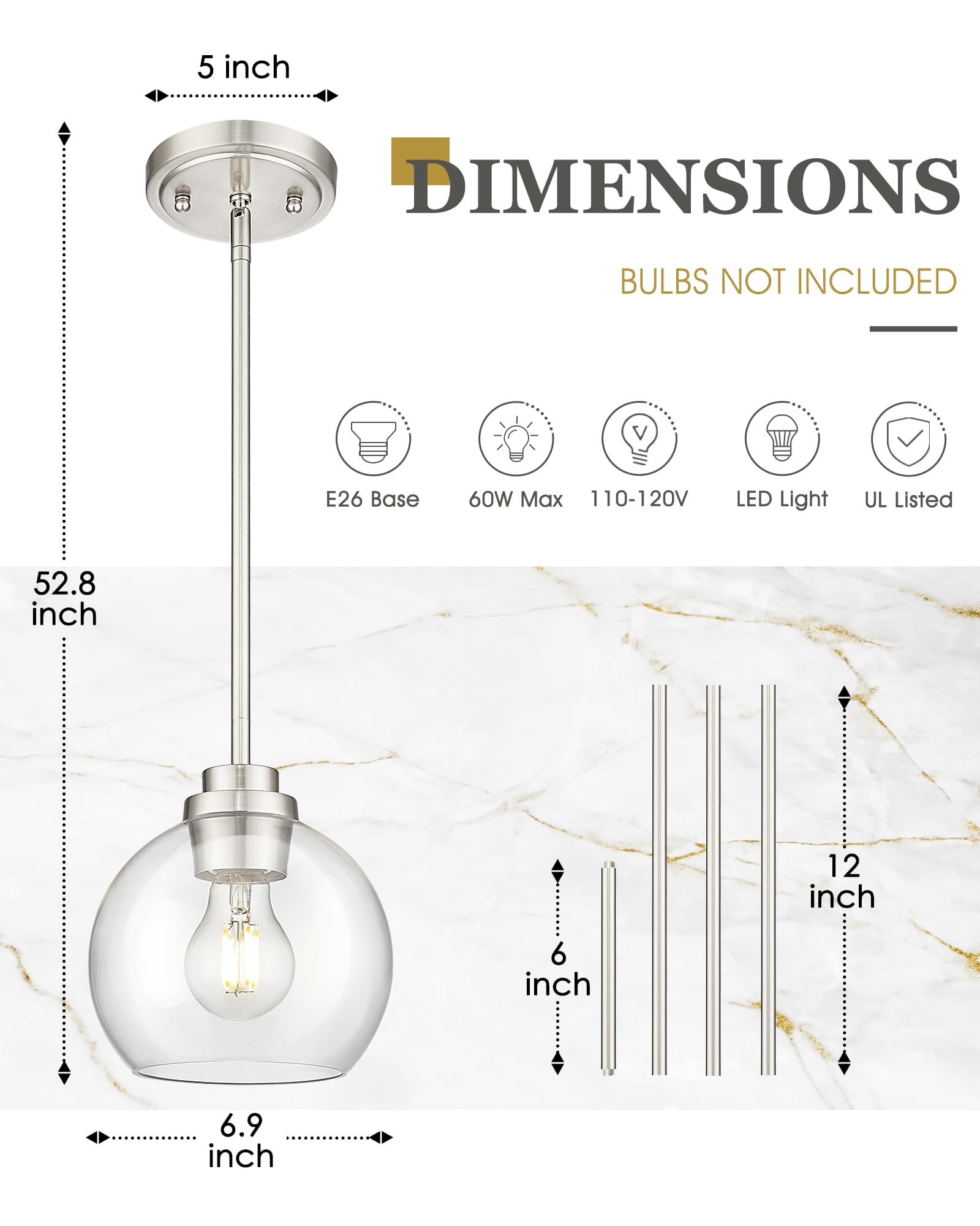 Audickic Pendant Lights Kitchen Island, 7&quot; Modern Brushed Nickel Hanging Lights Fixtures With Clear Glass Globe Shade, Kitchen Island Lighting For Bathroom, Ad-22280-1P-Sn-C