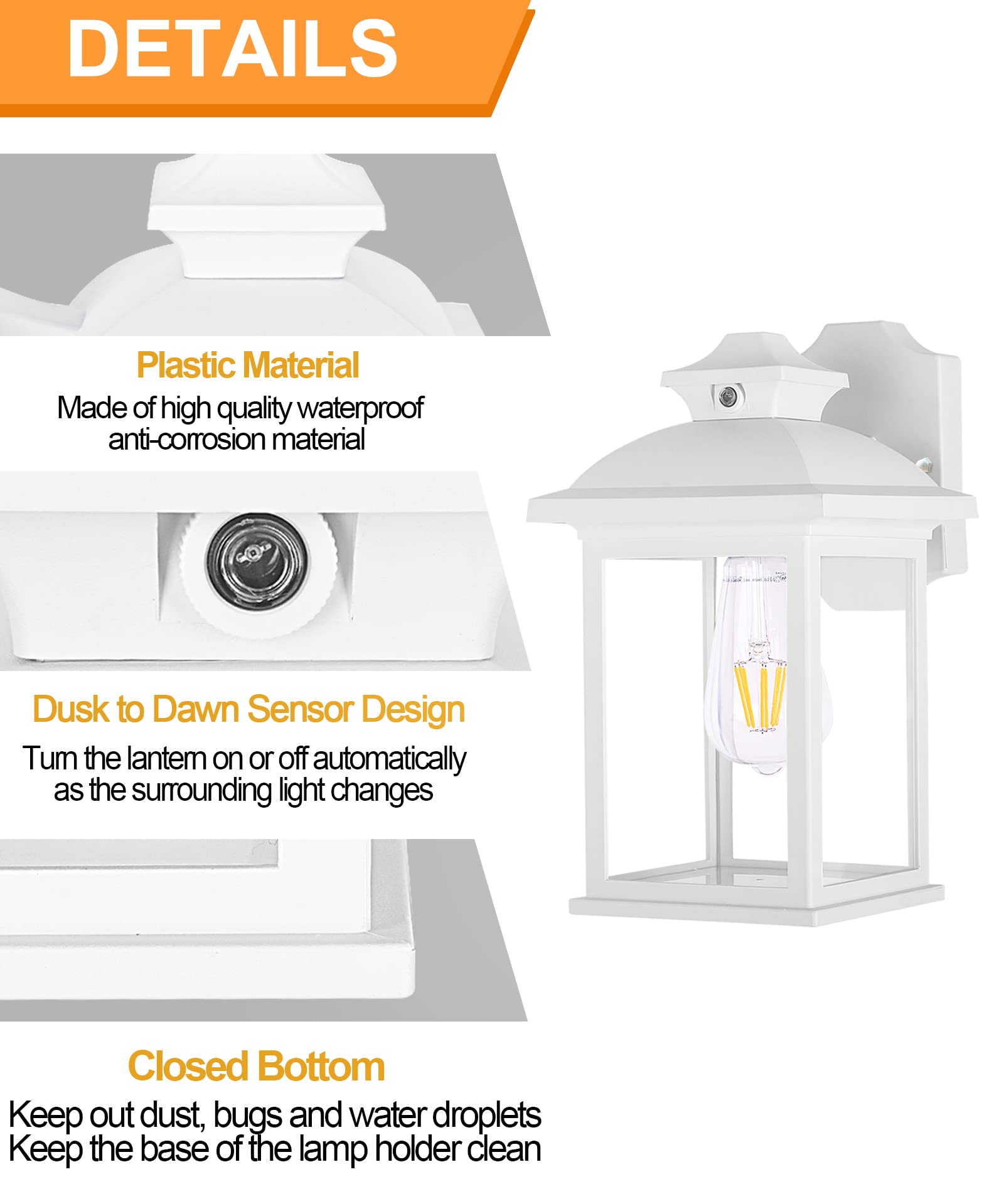 FUDESY Outdoor Wall Lantern, Dusk to Dawn Sensor, E26 Socket, 3000K LED Bulb, Plastic, White, Model FDS748EPSW, Size 748-