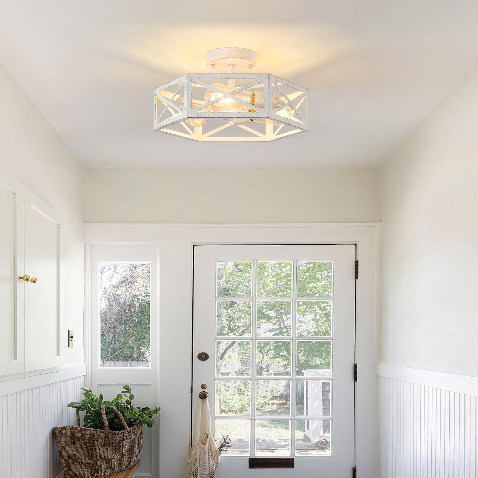 XSDeTu 3-Light Flush Mount Ceiling Light, White Metal Hexagon Cage, Modern Design for Bedroom, Hallway, Kitchen