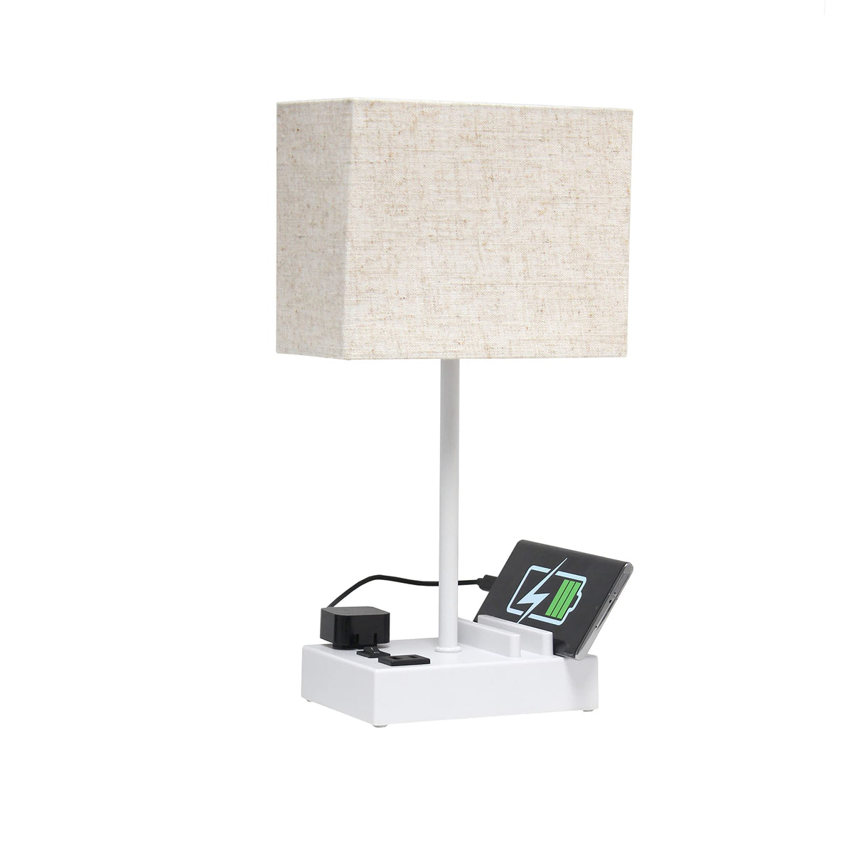 Simple Designs Lt1110-Bgw 15.3&quot; Tall Modern Rectangular Multi-Use 1 Lt Bedside Table Desk Lamp W 2 Usb Ports & Charging Outlet W Beige Fabric Shade For Bedroom,Livingroom,Dorm,Office,Nightstand,White