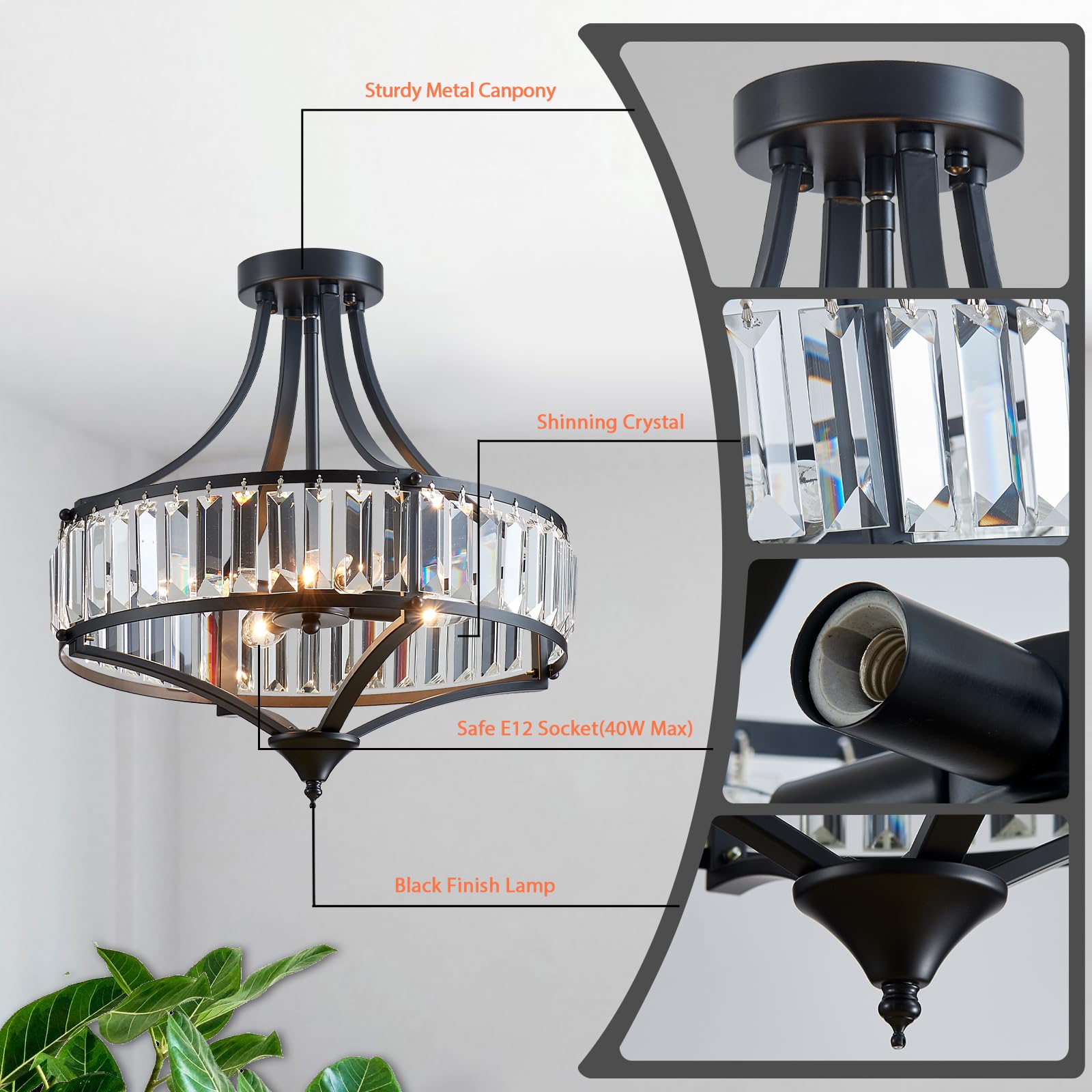 Majhoiw 4-Light Black Crystal Ceiling Light Fixture - Rustic Farmhouse Semi Flush Mount for Dining Room, Hallway, Bedroom, Foyer