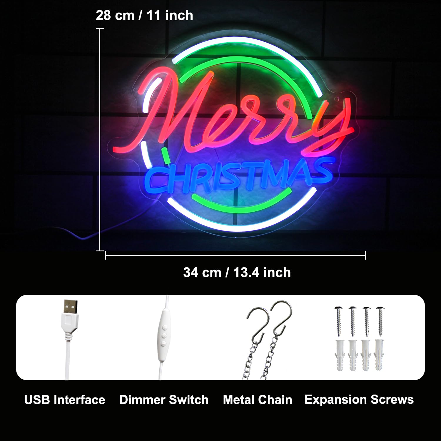 Kullneon Merry Christmas Neon Sign - Dimmable LED Neon Light Sign with Colorful Letters for Bedroom, Bar, Xmas Party, Christmas