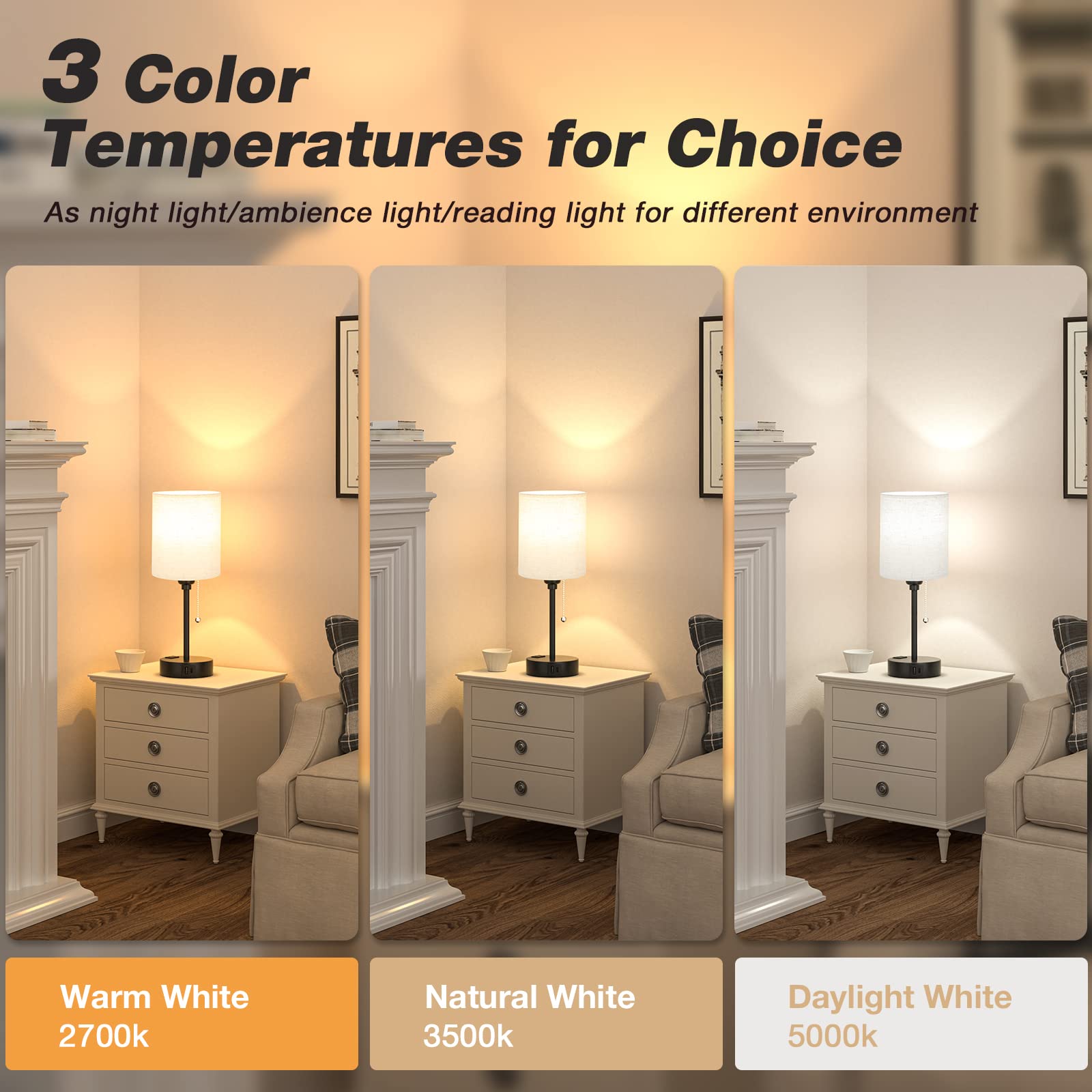 Small Bedside Lamp With 3 Color Modes - Off White 2700K 3500K 5000K Bedroom Light With Usb C And A Ports, Pull Chain, Ac Outlet,