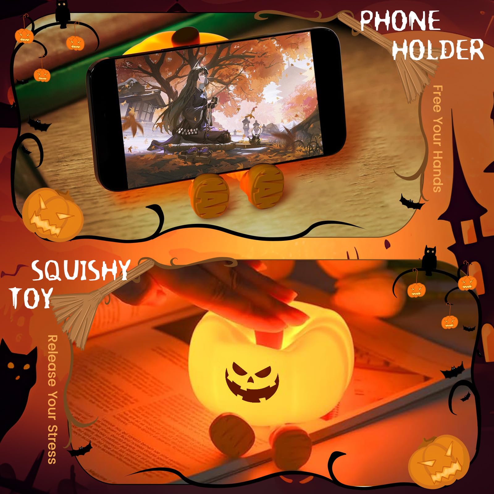 YR YRHH-PET LED Evil Smile Pumpkin Night Light, Dimmable Touch Lamp, Rechargeable, Model K-1165, Cute Halloween Decor
