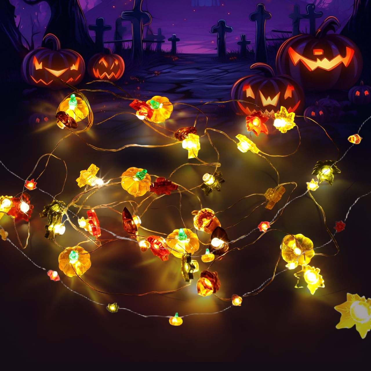 JECOMPRIS 30 LED Thanksgiving String Lights: 3M/9.84Ft Pumpkin String Lights for Decor - Maple Leaf Harvest Decorations for Home