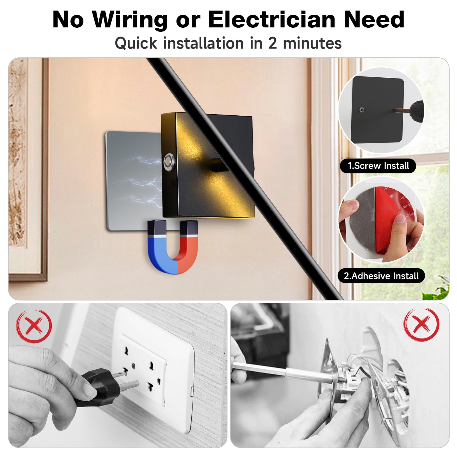 TPSHPTS Battery Operated Wall Sconces with Remote Control, USB Rechargeable, 3 Color Dimmable, 3 Packs, Black, Model XT-B-03
