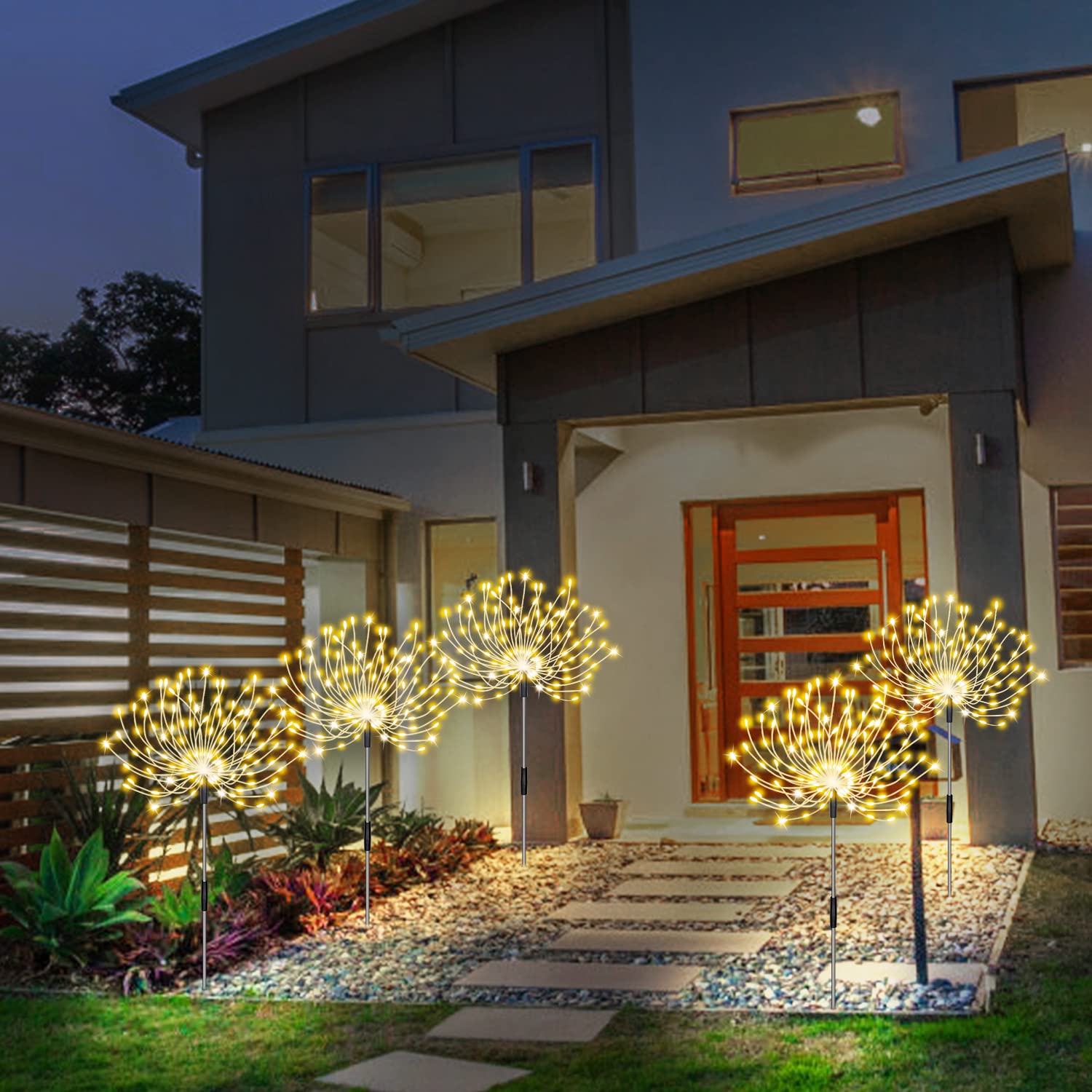 Solar Garden Lights, Firework Lights Outdoor 5 Pack 120 Led Solar Waterproof Decorative Starburst Lights Landscape Lamp Adjustable Brightness, Decor For Courtyard Garden Christmas Party(Warm White)