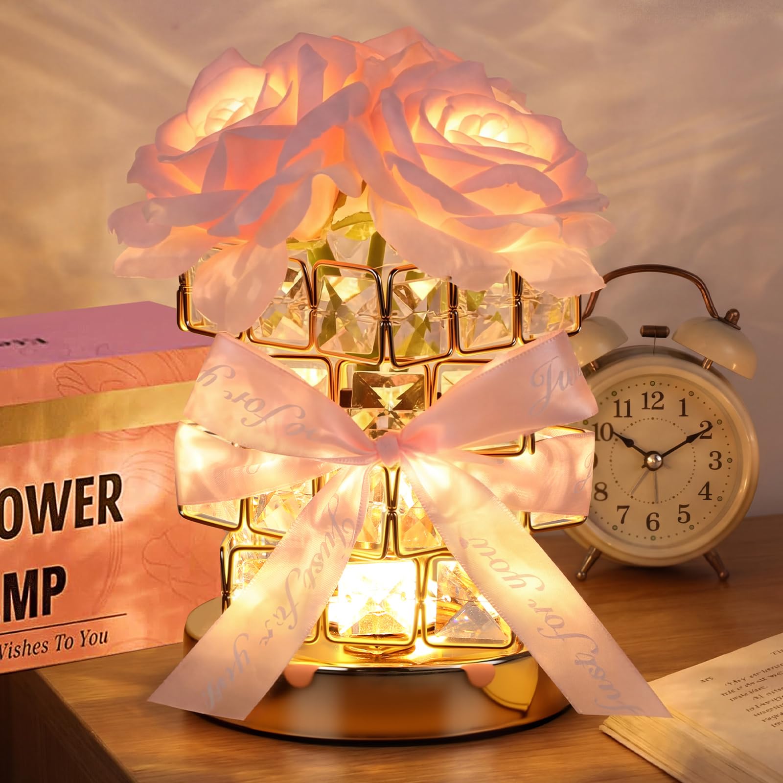 VIHOSE Rose Flower Lamp Mother Gift Crystal Table Lamp for Bedroom 3 Color Dimming Pink Night Light Birthday Gifts for Women Mom