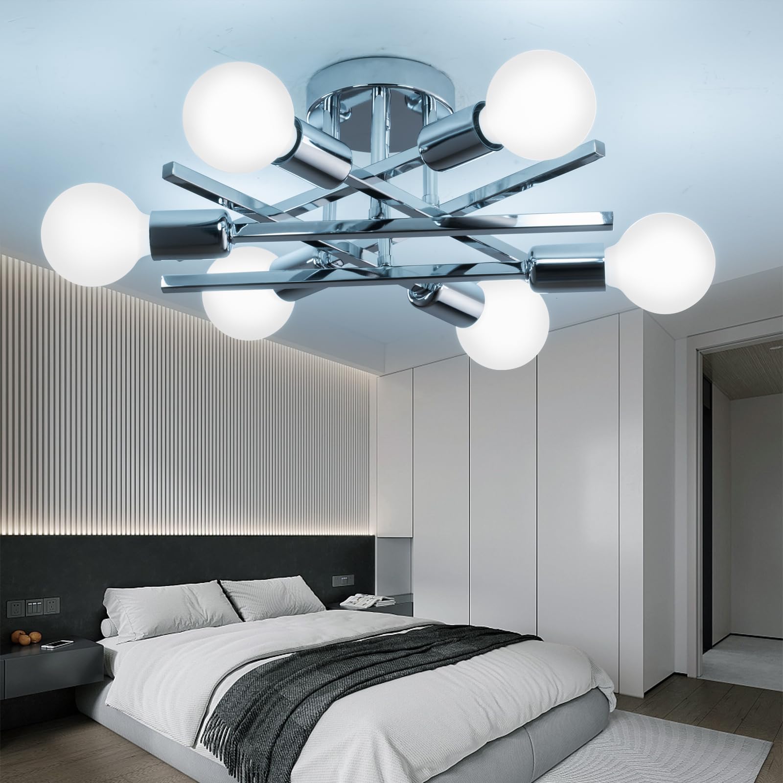 Xingsiyuelyx 6-Light Chrome Sputnik Ceiling Light Fixture,Semi Flush Mount Ceiling Light,Modern Close To Ceiling Light,Chandelier Light Fixture Ceiling For Living Room Dining Room Foyer,E26 Socket