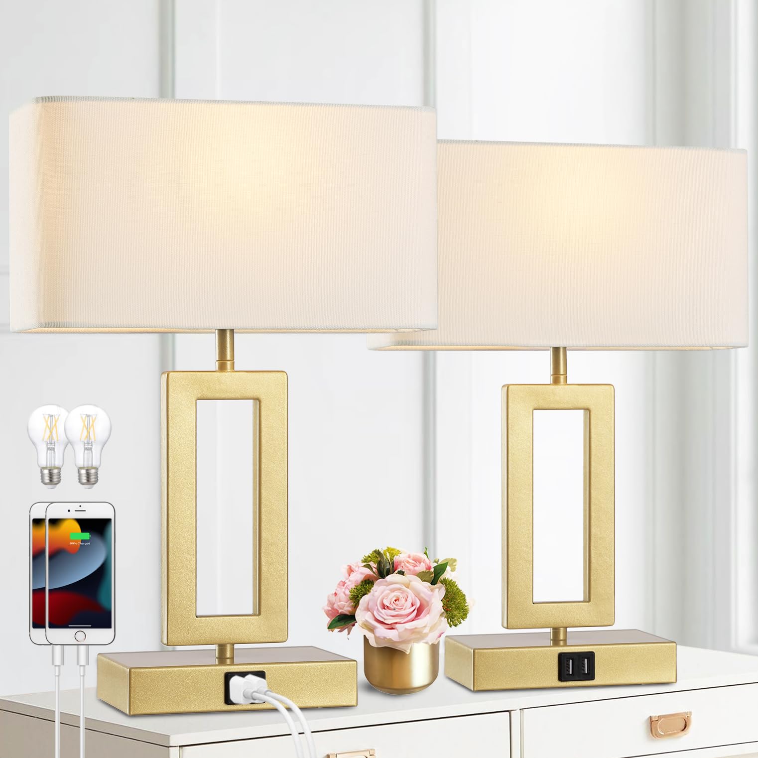 gernehop Gold Table Lamps Set of 2 with Dual USB Ports,3-Way Dimmable Touch Control Bedside Lamps,Modern Bedroom Table Lamp for 