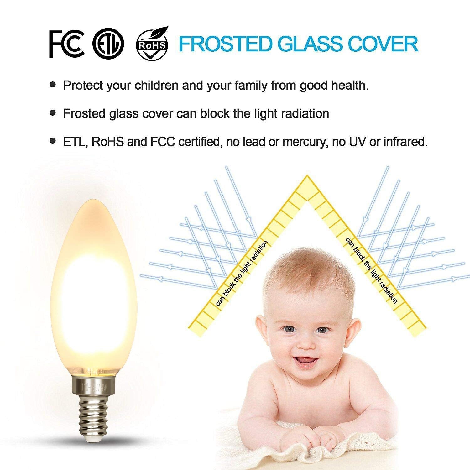 Carrybc Led Candelabra Bulb, 40W Equivalent, Dimmable, Warm White 2700K, Frosted Glass, 4W 400 Lumens, 360 Beam, 3 Pack