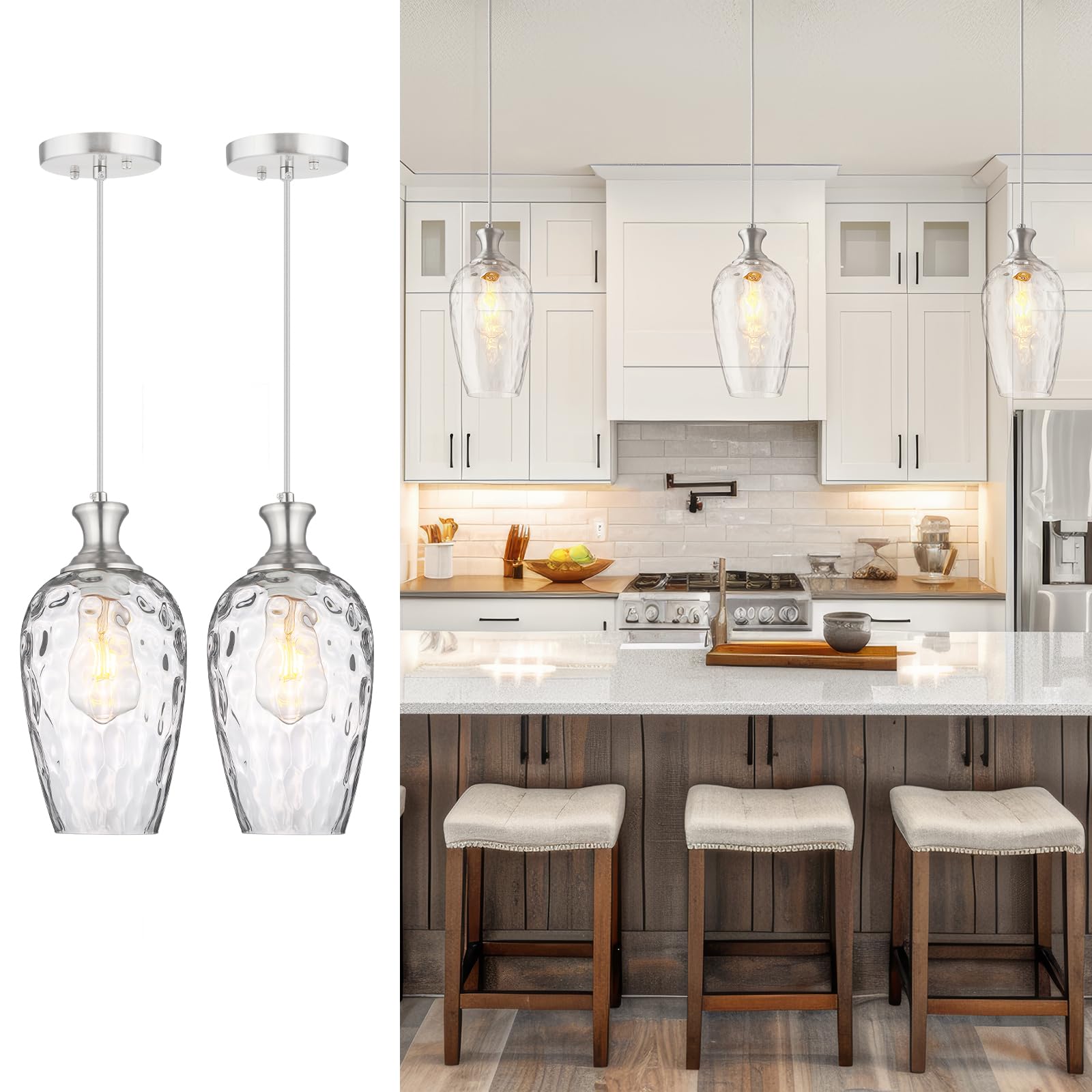 Saduenfr Glass Pendant Lights Kitchen Island 2 Pack, Brushed Nickel Pendant Light Fixtures With Hand-Blown Clear Glass, Modern H