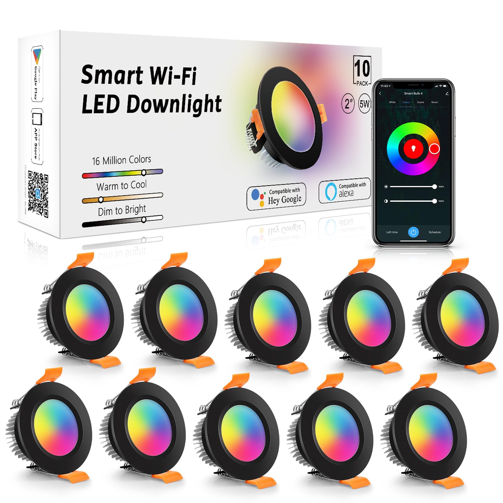 Lightingwill 2 Inch Recessed Lighting  Smart Wifi Led Downlight  5W Led Ceiling Light Compatible With Alexa/Google Assistant  Dimmable Rgb & 2700K-6500K  120V With Driver  Black Trim (10 Pack)