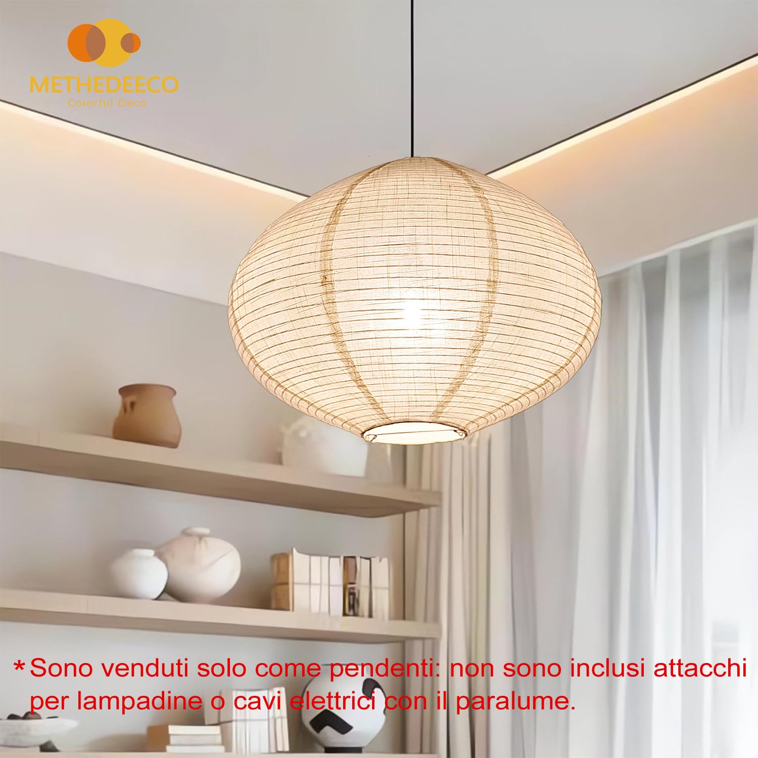 Methedeeco 2Pcs 16-Inch Handmade Linen Pendant Light Shades Fabric Lampshade, Minimalist White/Beige, Foldable Hanging Lanterns For Bedroom, Living Room, Kitchen Showcase Window House Gift Idea