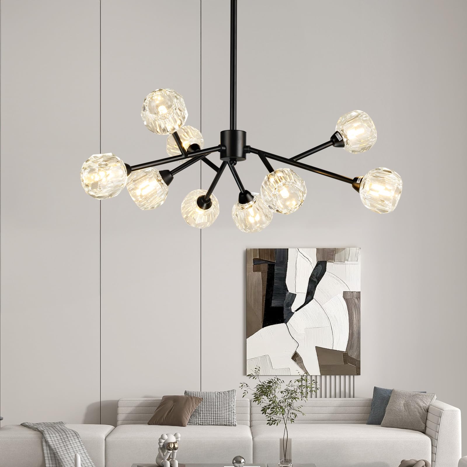 Weesalife Black Sputnik Chandelier, 9-Light Modern Crystal Fixture For Dining Room & Kitchen