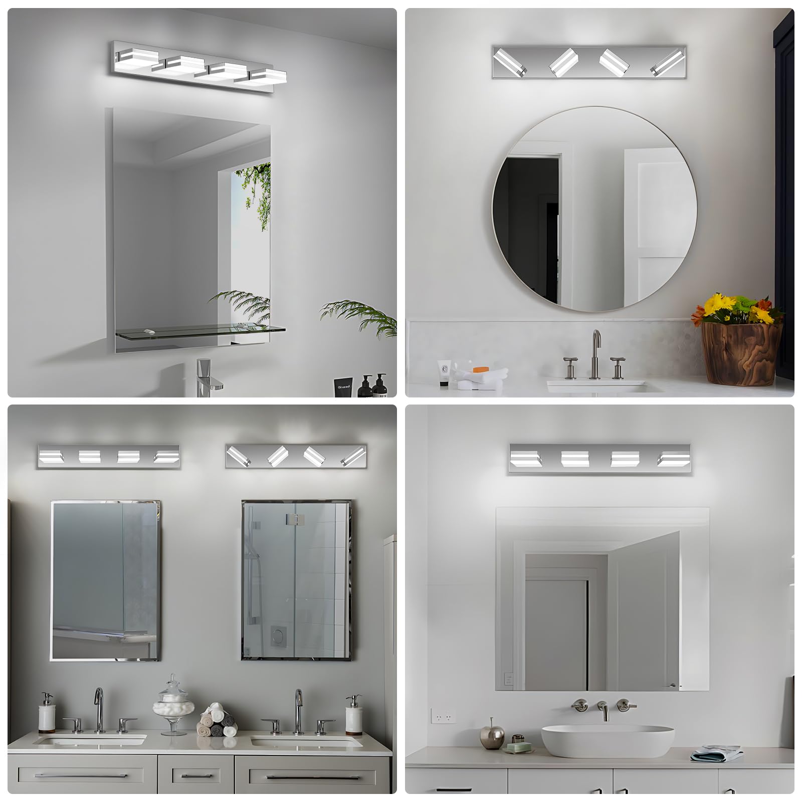 JZEKVN Modern LED Bathroom Vanity Lights, 4-Light Stainless Steel Chrome, 27.17" Acrylic Wall Fixture, Model 202541006, 6000K