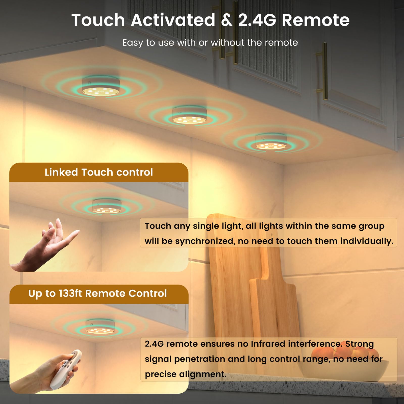 Onumii Rechargeable Under Cabinet Lighting Puck Lights With 2.4G Remote 2600Mah Sync And Groupable Color Changing Magnetic Stick