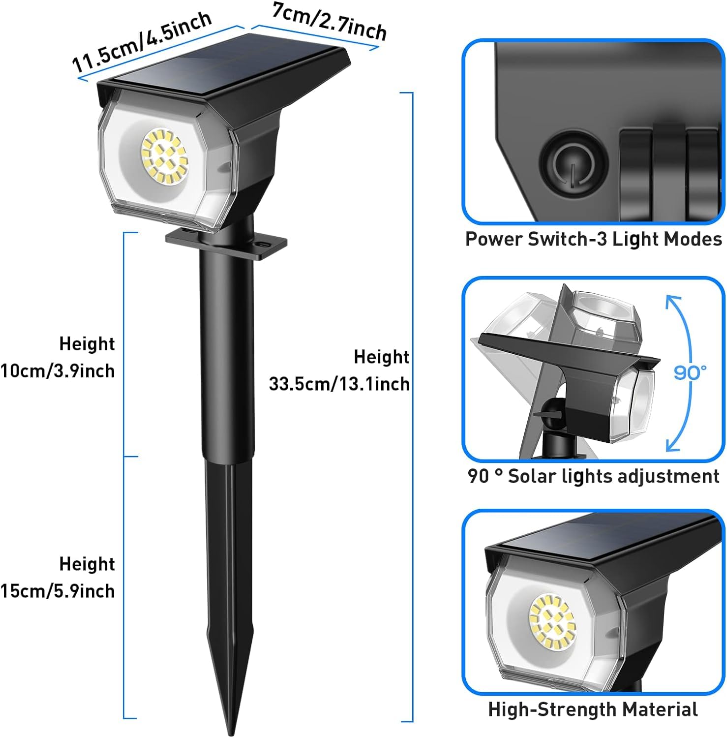 EIUIO Solar Spot Lights Outdoor, 3 Lighting Modes, Waterproof, 8in Cool White, Model CDD-4