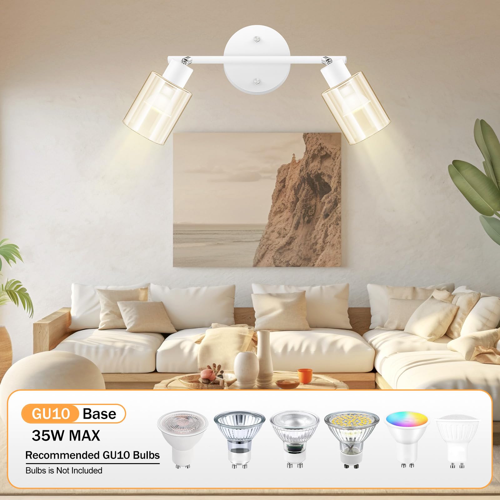 Boostarea 2-Light Bathroom Light Fixtures, White Modern Vanity Wall Lights With Clear Glass Shade, Flexibly Ceiling Light For Mi