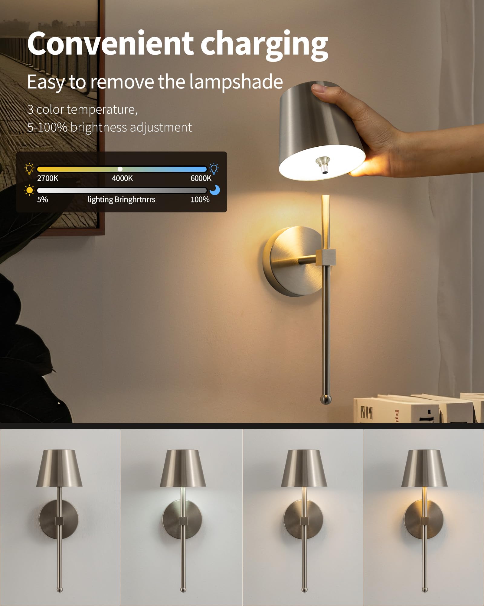 KDG Cordless Wall Sconces Set of 2, LED Battery Lamps, Brushed Nickel, (Small) L4.5 × H13 × D6.5 inch, Model AMZ