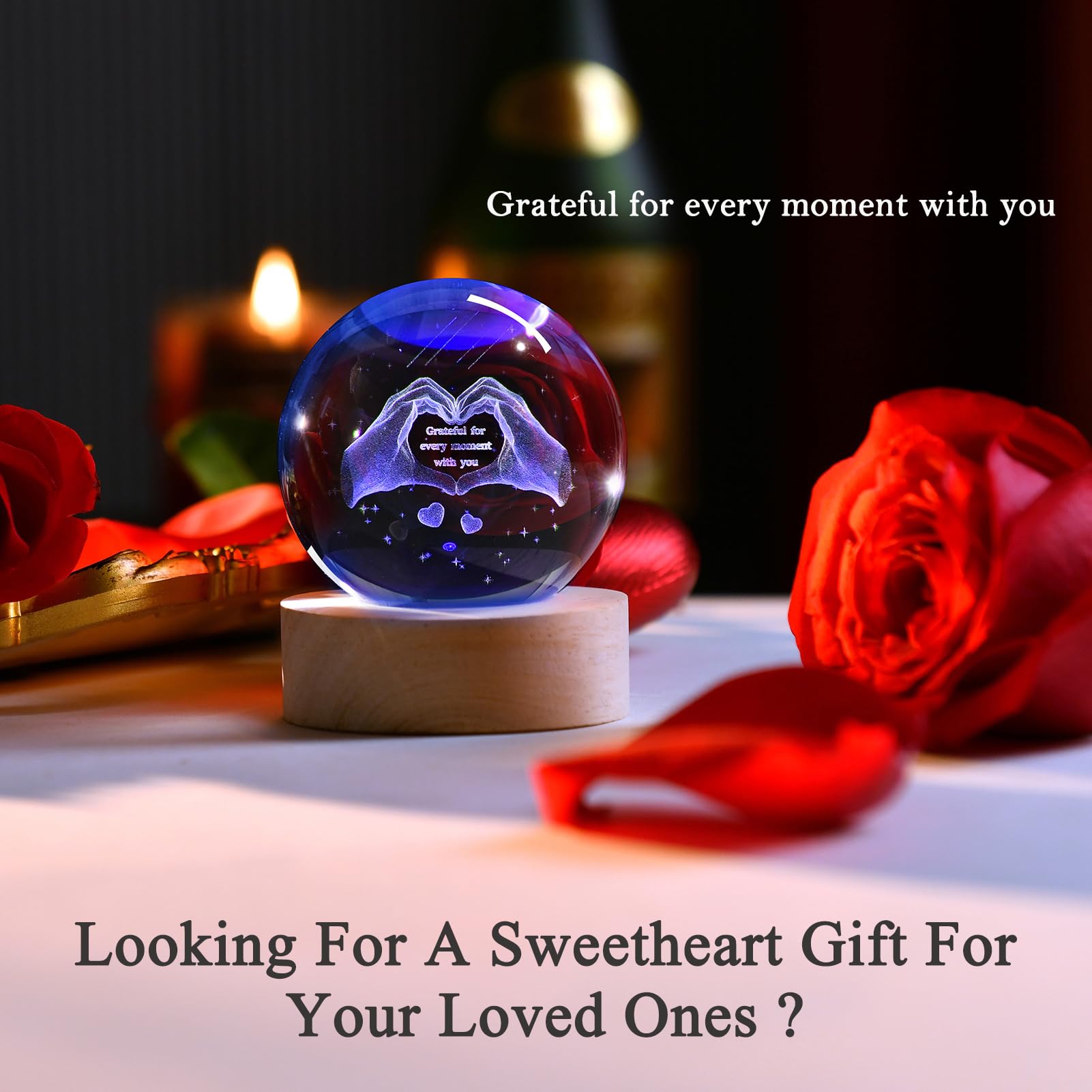 Ifolaina Gifts For Wife Mom Grateful Gifts For Women Men 2.36'' Crystal Ball Night Light Engraved Heart Hands Sphere Decor Roman