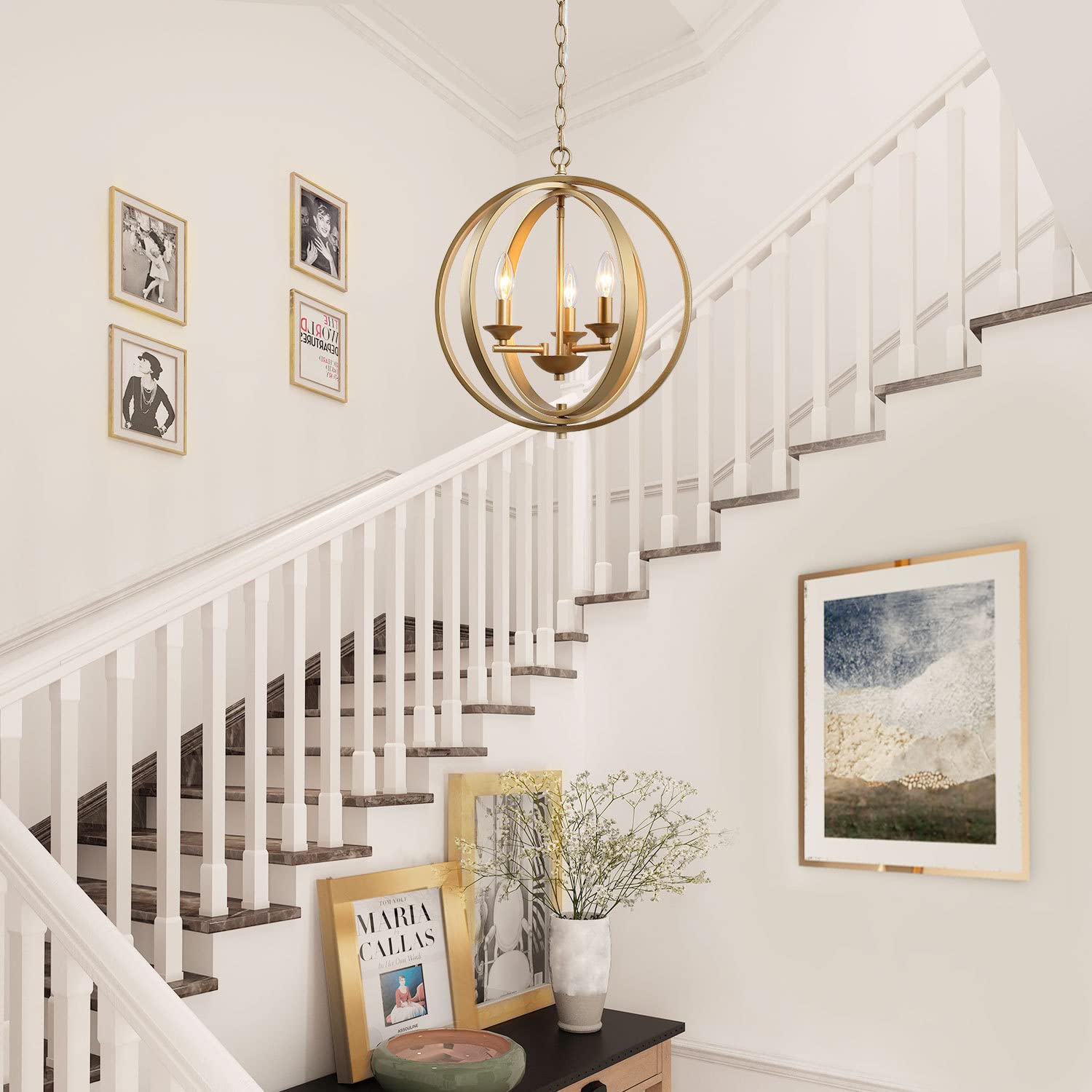 KSANA 3-Light Gold Chandelier Pendant Light Fixture, Modern Orb Design, Soft Gold, 15.5in  L x 18in  H for Kitchen, Dining Room, Entryway
