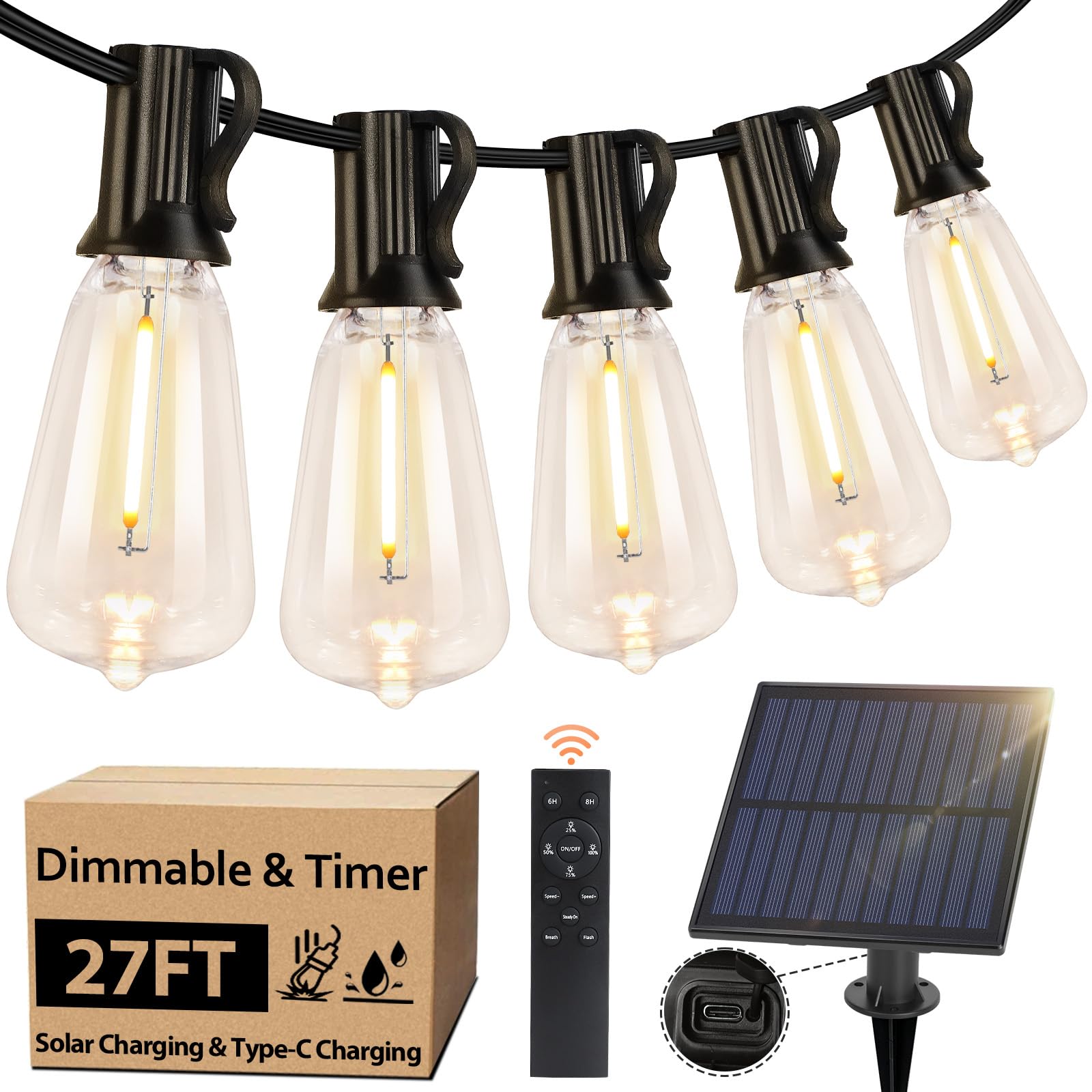 Solar String Lights Outdoor with Remote, 27FT Solar Powered String Lights for Outside with 16 Shatterproof Bulbs, Dimmable ST38 