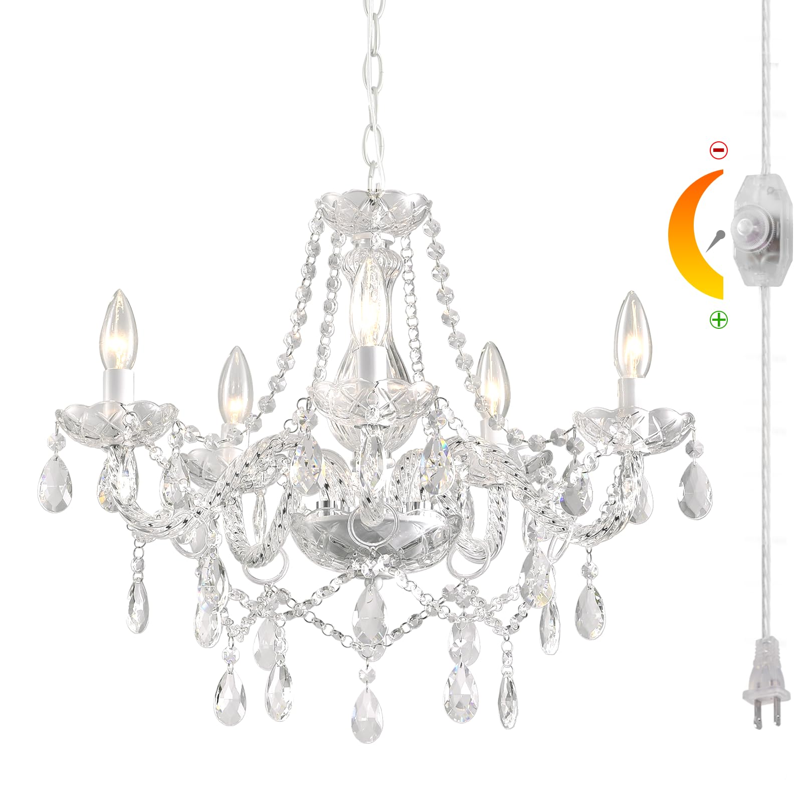 HOXIYA DIMMABLE Plug-in Glass Chandelier 5 Light Crystal, White Hanging Pendant Light Fixture with Cord, Classic Vintage K9 Crys