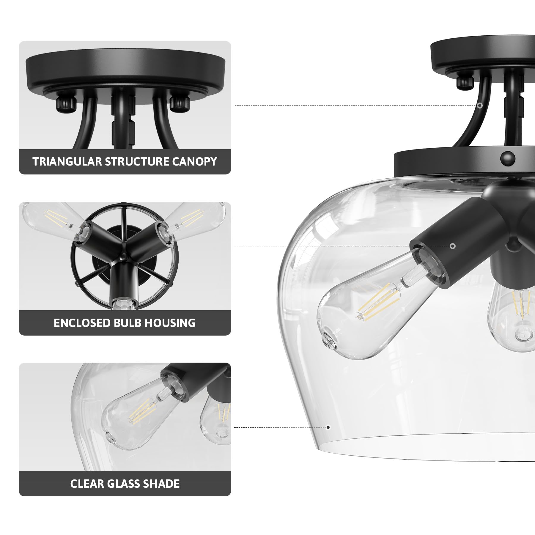 VONLUCE Semi Flush Mount Ceiling Light, 13.8in Industrial Fixture, Matte Black, 3-Bulb, Clear Glass Shade, E26 Base, Model HCF280600V