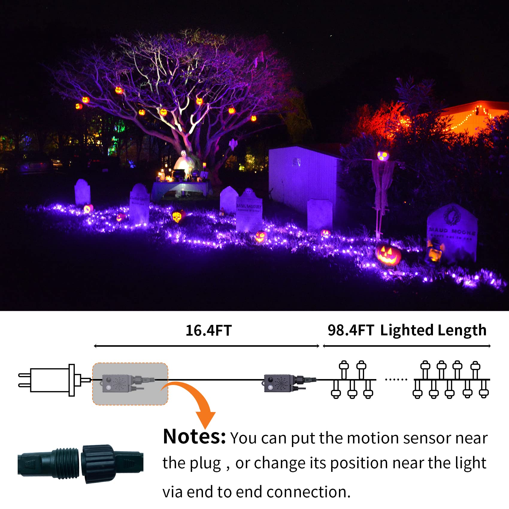 Rotu Halloween Lights Outdoor 114.8 Ft 300 Led String Lights With Music Sync Spooky Sounds Halloween Decorations Fairy Lights Indoor Waterproof For Yard Porch Haunted House Decor (Purple)