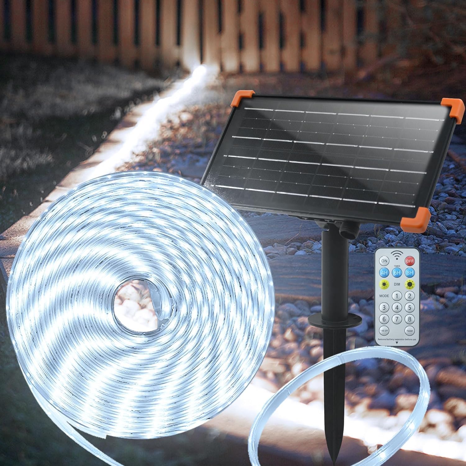 50Ft Solar Strip Lights Outdoor, Waterproof LED Light Strip Auto On/Off, Rechargeable Strip Lights 8 Mode with Remote Timer Acrylic Tape for Deck Patio Pool Pathway Camping Decor (Cool White)