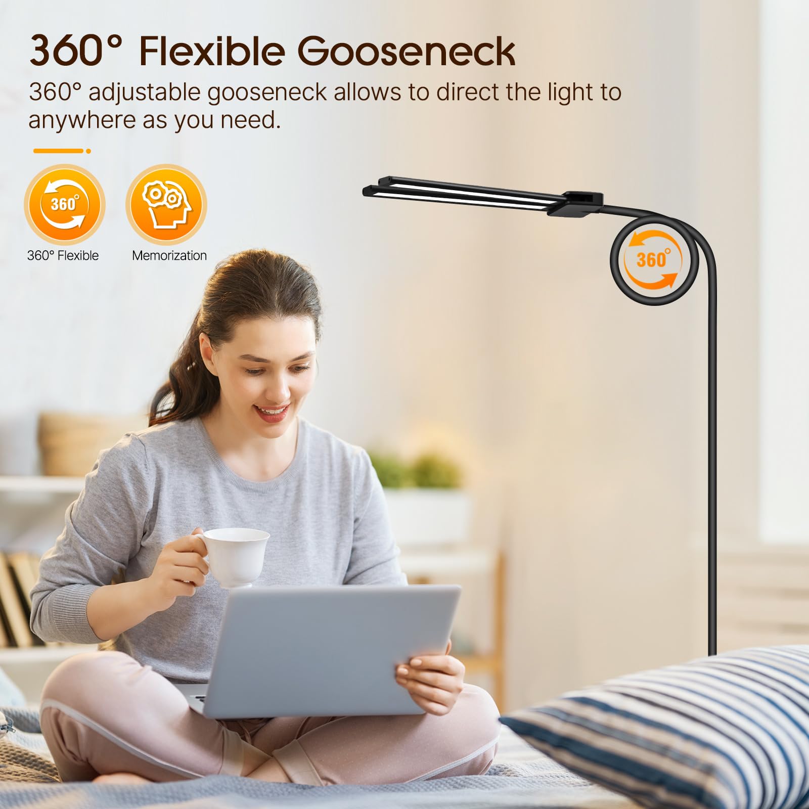 Syrinx LED Floor Lamp, Dual Head Gooseneck, 59" Black Aluminum, Model YG607 with Gesture Switch & Remote Control