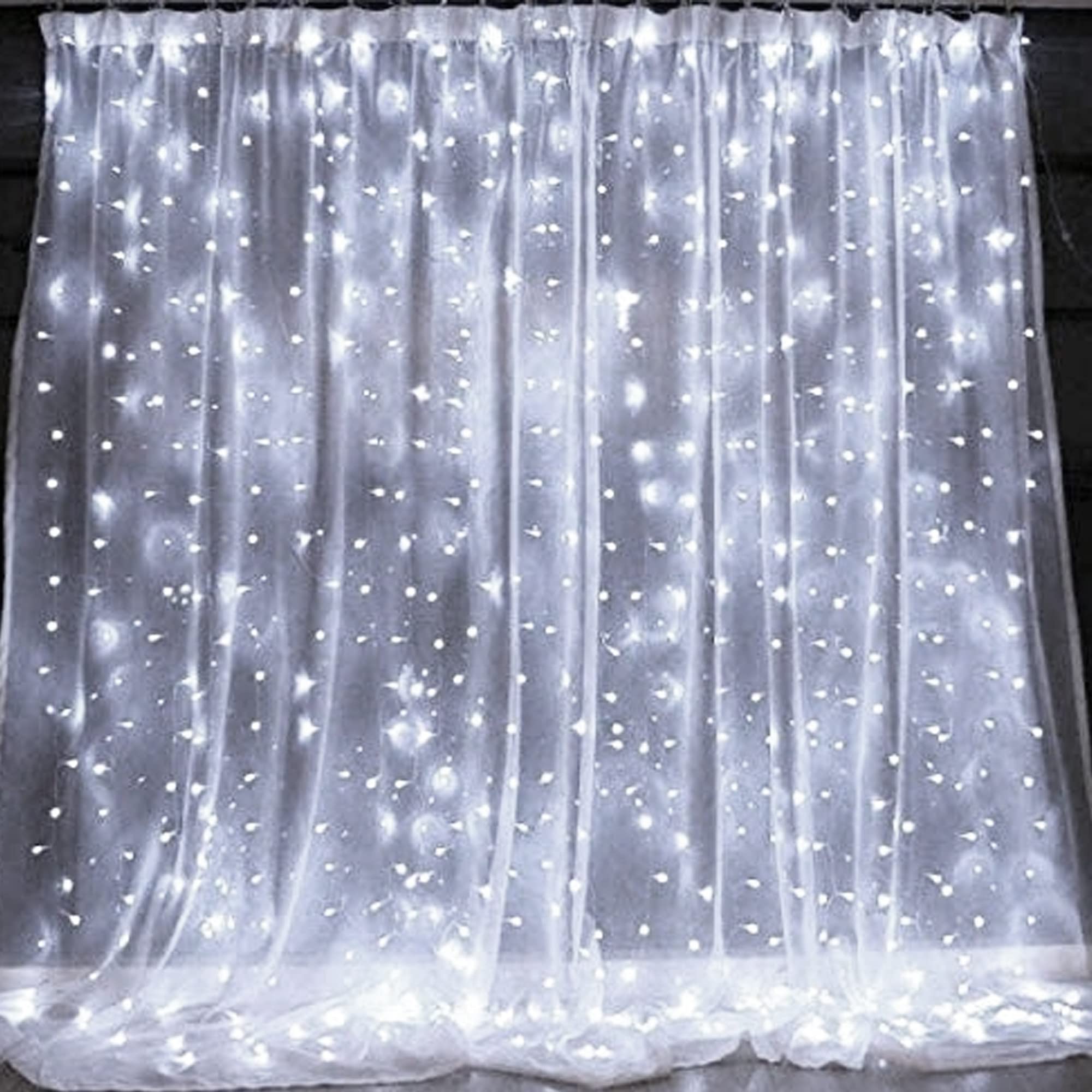 Dazzle Bright Curtain String Lights, 300 LED, 9.8ft x 9.8ft, USB Powered, Waterproof, White, 8 Lighting Modes, Indoor/Outdoor Decorations