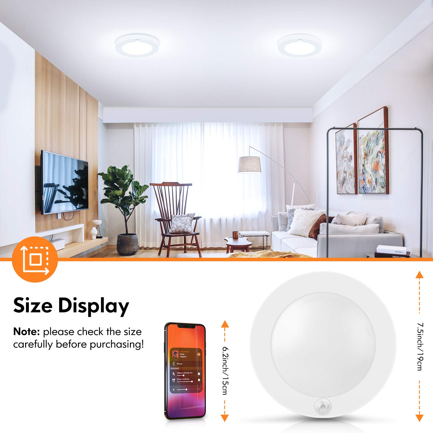 Brightever Motion Sensor Led Ceiling Lights, 1200Lm & 15W(100W Equivalent), 3000K/4000K/5000K Selectable, 7.5Inch Flush Mount Li