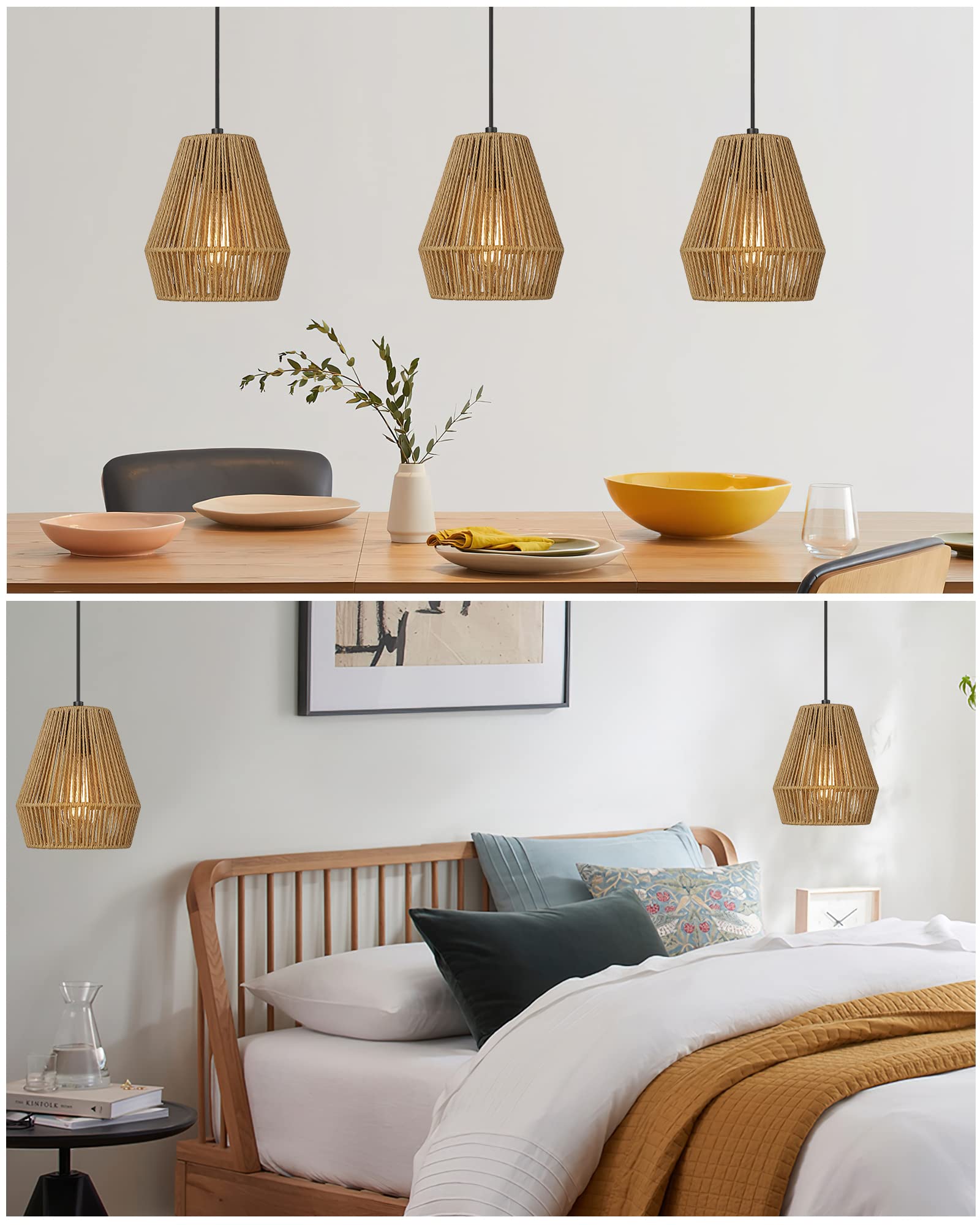 Elyona 7&quot; Woven Pendant Light - Rustic Rattan, Adjustable Boho Lamp For Kitchen, Dining, Bedroom