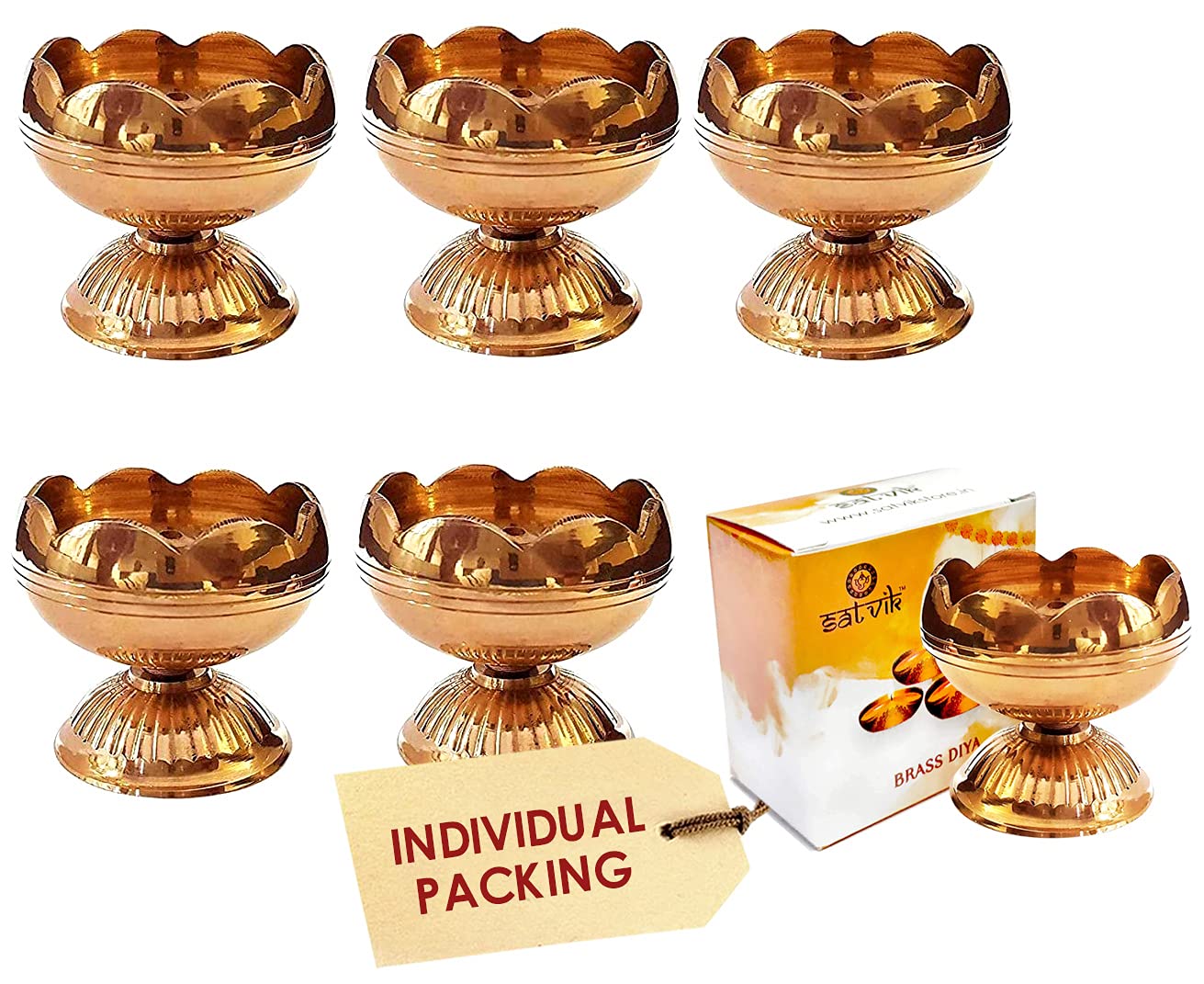 SATVIK 6 Pc Brass Diya (Big) for Diwali Decoration. Handmade Oil Lamp with Golden Engraved Made of Virgin Brass Metal. Diwali Di