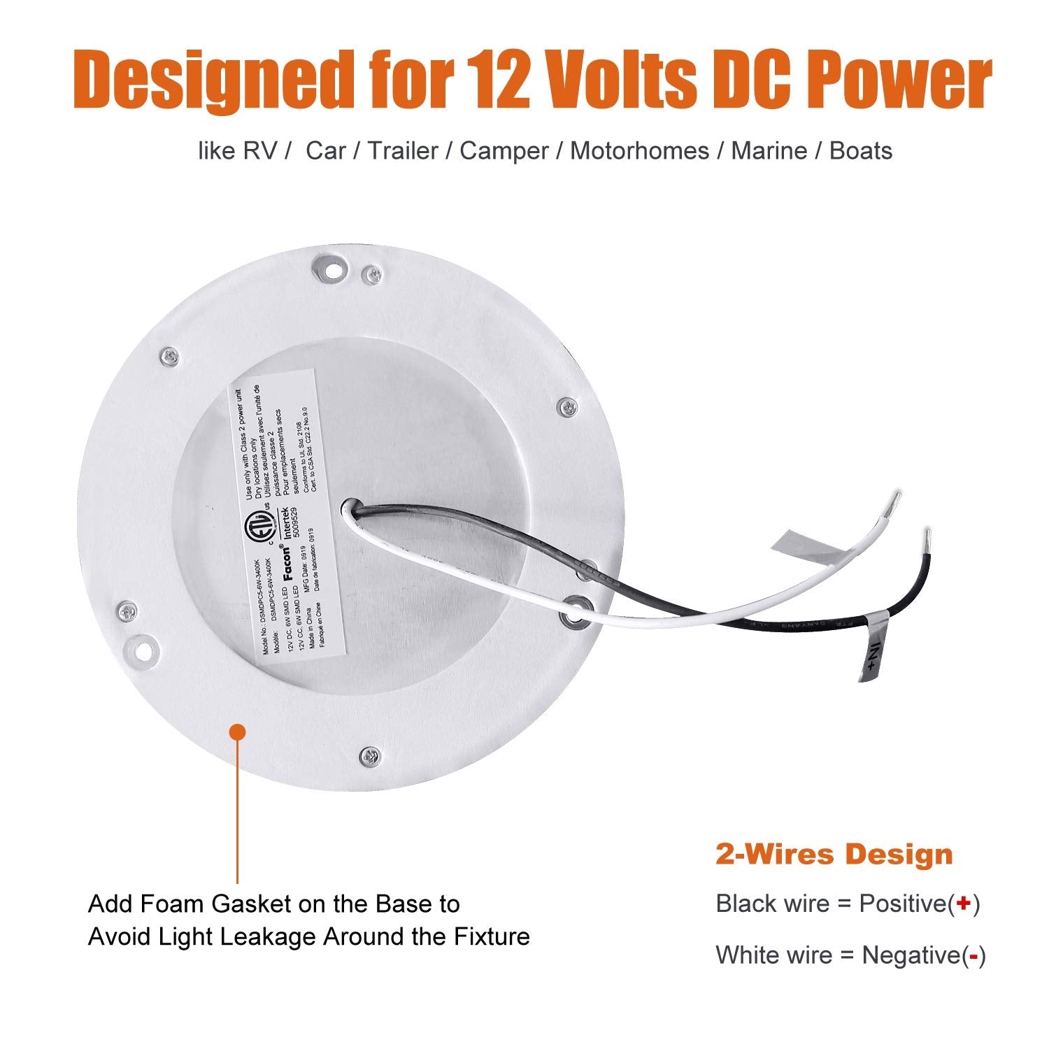 Facon 5Inch LED RV Panel Light Surface Mount 12V DC with On/Off Switch, Blue Indicator, Plastic, 4000K Cool White, Model DSMDPC5-6