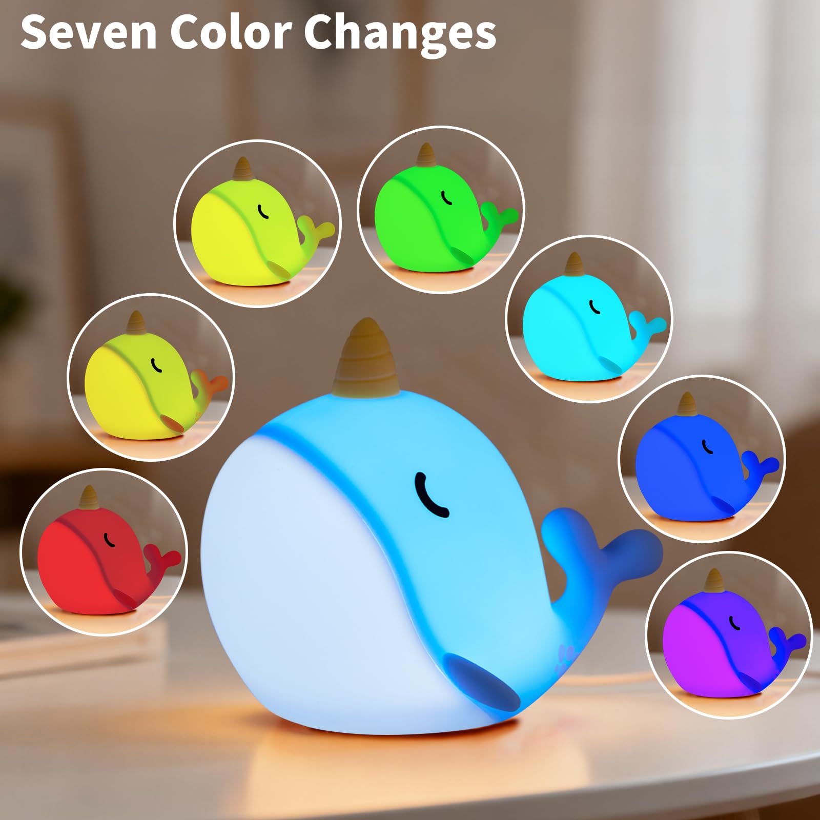 Hpydiy Cute Narwhal Night Light  Tap Control & Color Changing  Usb Kids Bed Lamp With Timer  Soft Silicore Glow For Nursery  Birthday Gift (Blue Narwhal 7-Color)