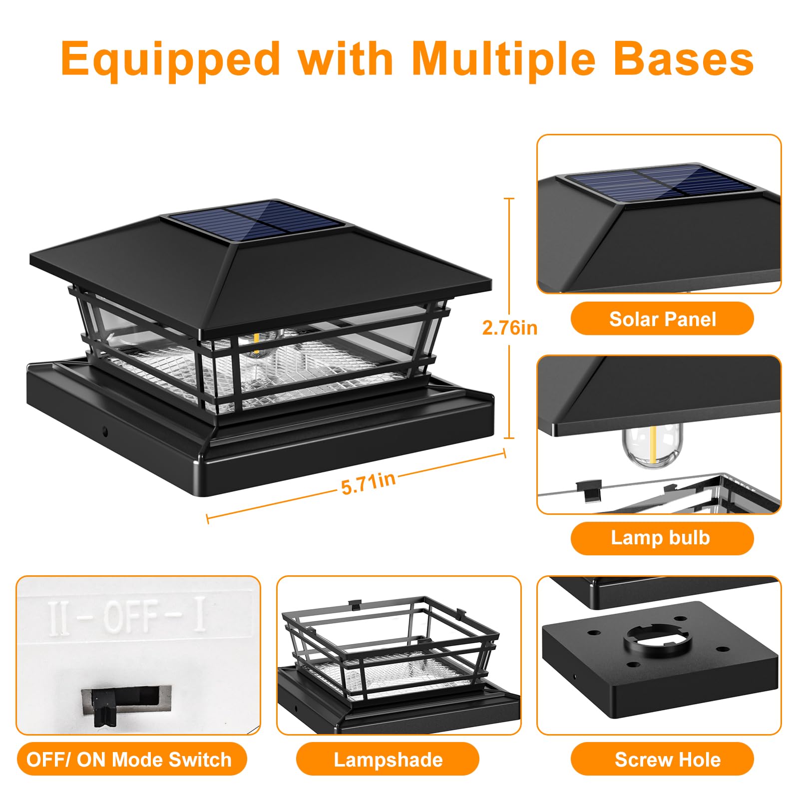 Kipeini Solar Post Cap Lights 2 Pack - Waterproof Led For 4X4, 5X5 Posts, Black, Warm Bright Bulb, 2 Brightness Settings