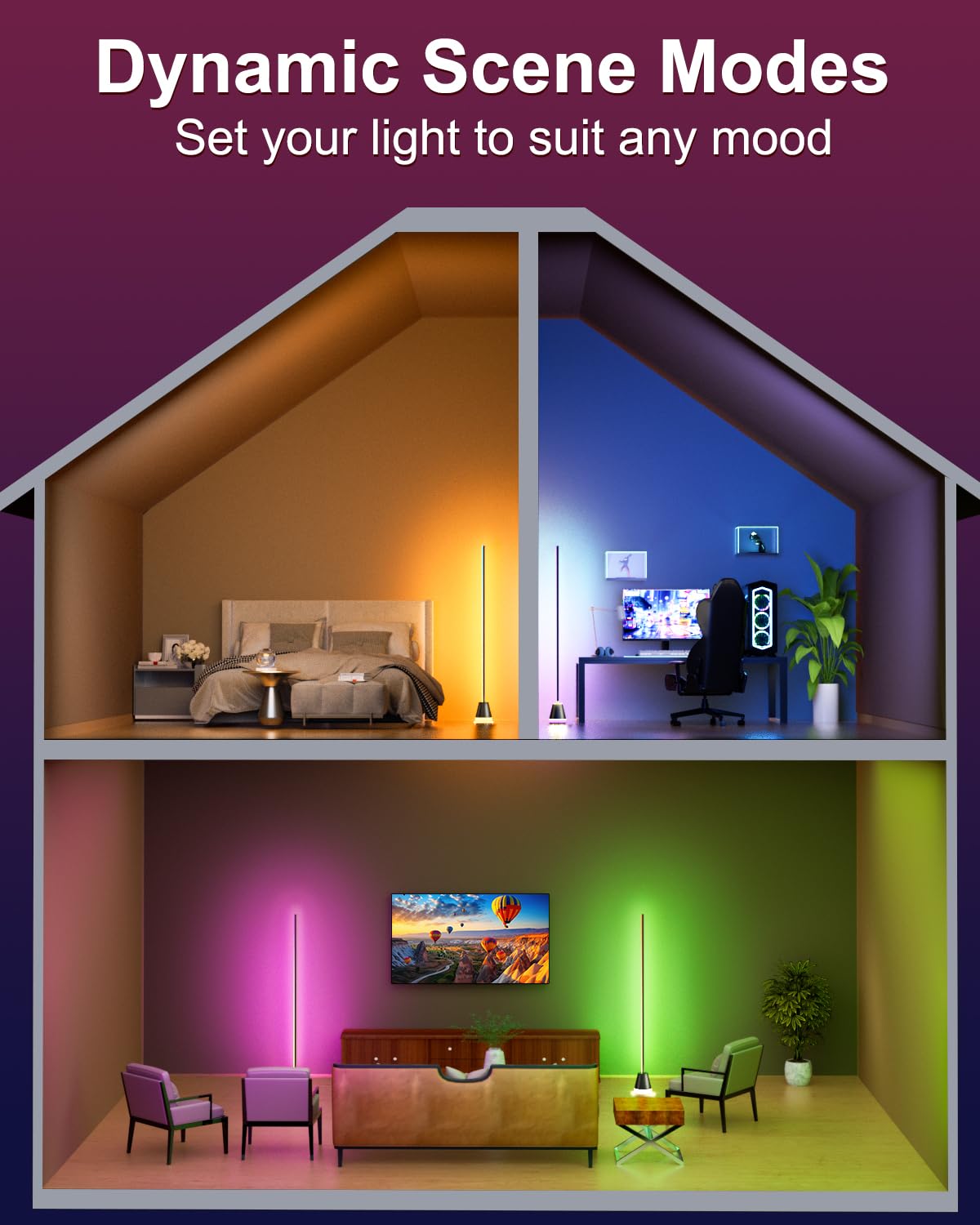 Keepsmile Smart RGB LED Floor Lamp, Music Sync, 16 Million Colors, Matte Black, 2 Pack, Model HX-818