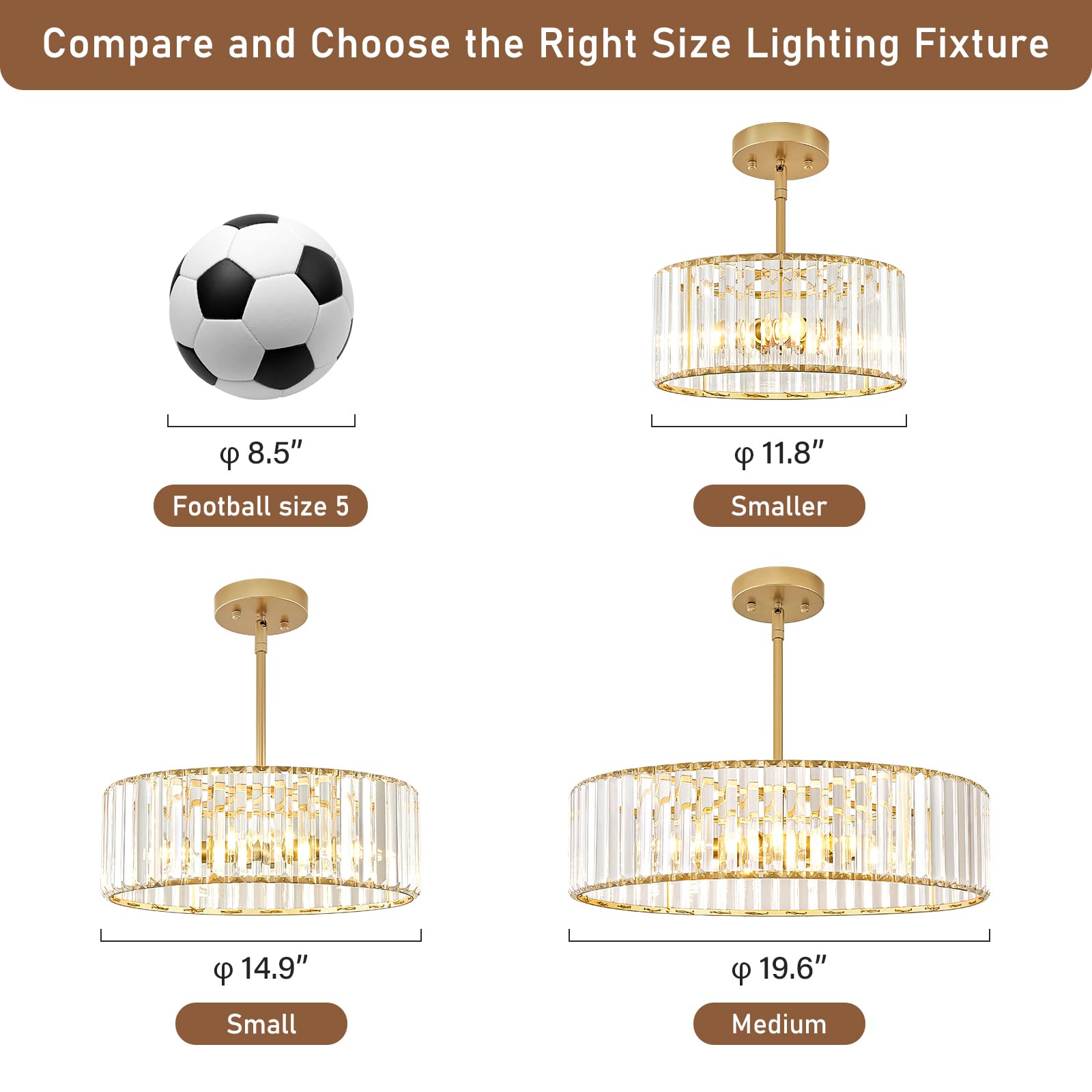 Yurnyq Gold Crystal Chandelier, Small Modern Semi Flush Mount Ceiling Chandelier Light Fixtures, Round Hanging Lighting Fixture